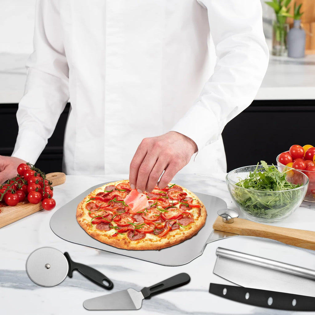 Worldity 4 Pcs Pizza Oven Accessories Set, Stainless Steel Pizza Peel, Foldable Pizza Spatula with Pizza Cutter and Shovel, Pizza Paddle for Baking Pizza, Bread, Pastry