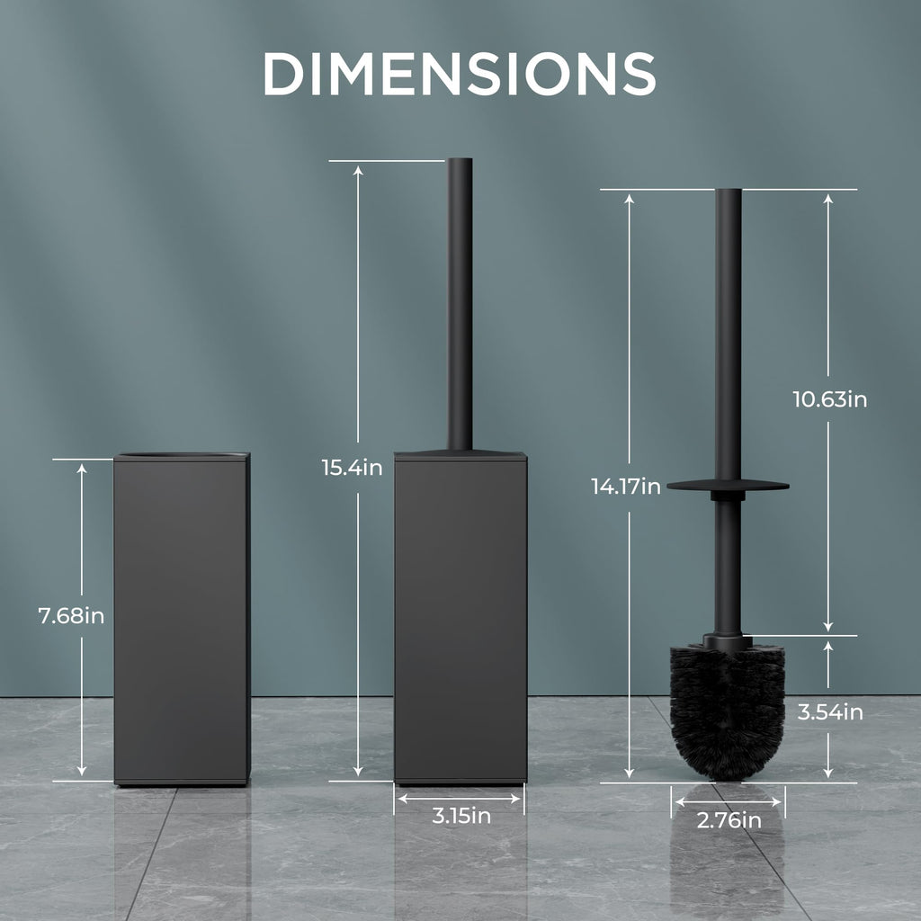 FORIOUS Toilet Brush and Holder Set, Heavy Duty 304 Stainless Steel Base, Toilet Brushes with Long Handle for Bathroom, Deep Cleaning, Drip-Proof, Space Saving, 2 Toilet Bowl Brush Head, Matte Black