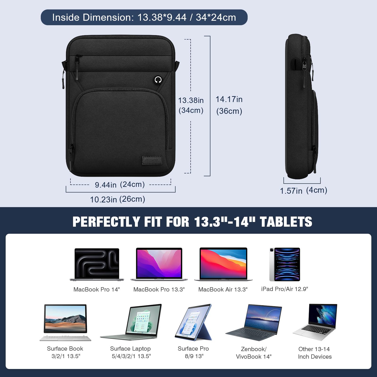 MoKo 13-14 Inch 360° Protective Laptop Sleeve Bag, Fits Mac Neo 13/Air 13/13.3/13.6 Inch, Mac Pro 13/14 Inch, Surface Pro 9/8/10/11 13", Multi Pockets with Shoulder and Headphone Port, Black