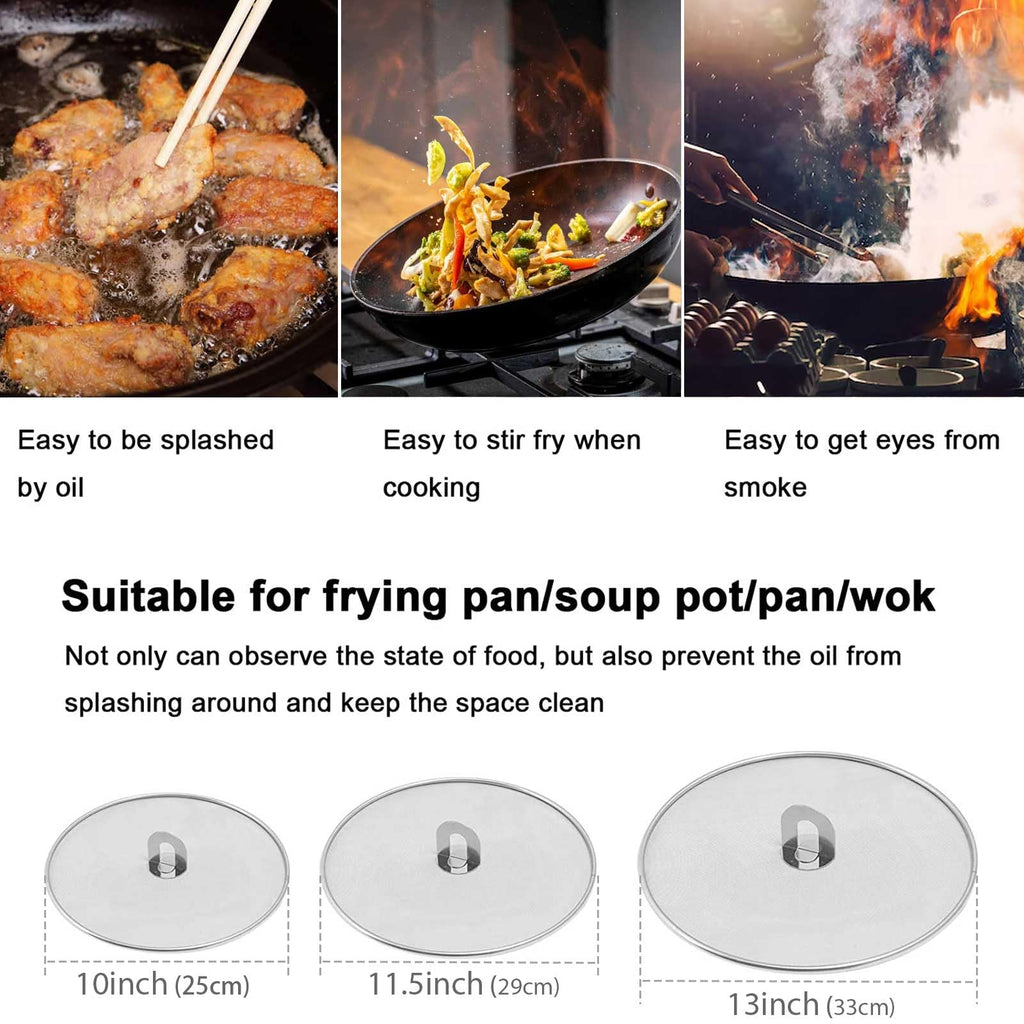 Splatter Screen for Cooking - Stainless Steel Grease Splatter Guard for Frying Pan, No Cooking Oil Mess No Burns, Ultra Fine Mesh Lids Set of 3(10", 11.5", 13")