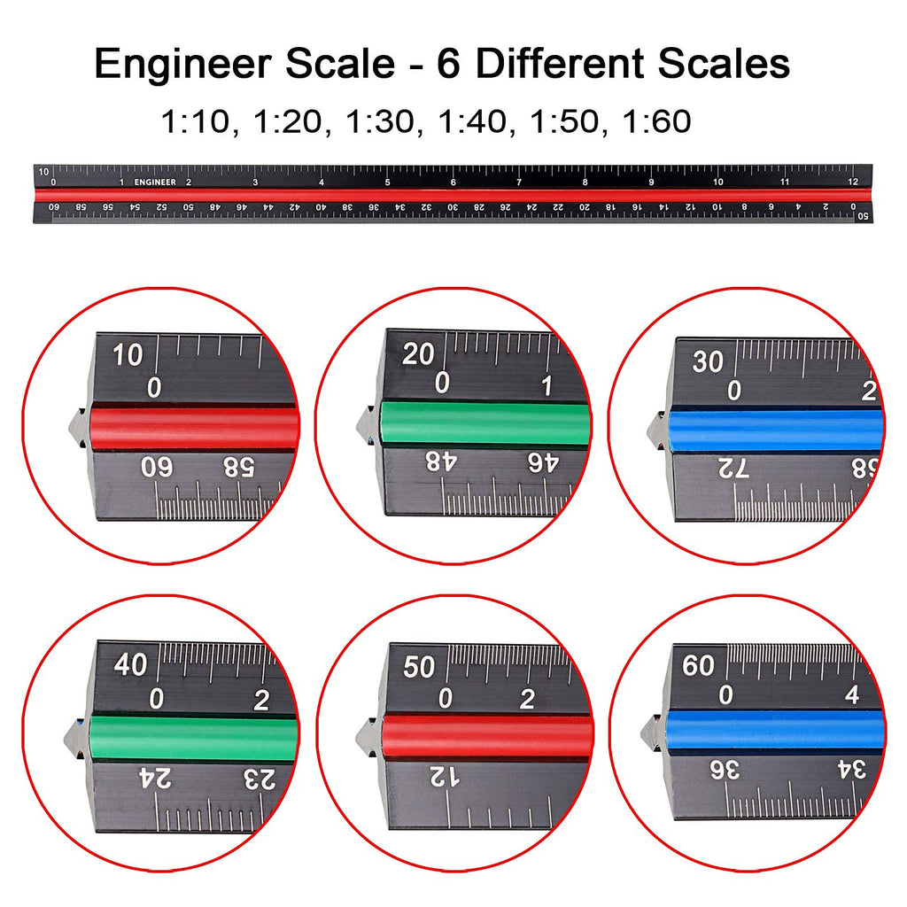 BTSKY 3 Pack 12 Inches Architectural Scale Ruler Engineering Imperial Scale Ruler with Standard Metric&Imperial Conversion Drafting Ruler Aluminum Triangular Scale Measuring Ruler Tool,Black with Red/Green/Blue