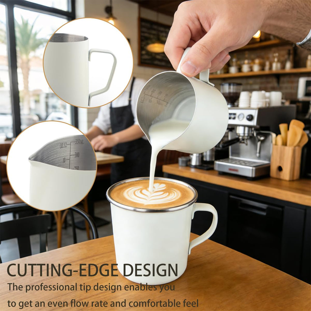 Uhuida Milk Frother Cup, 12oz/350ml Milk Pitcher, Thickened 304 Stainless Steel Milk Frothing Pitcher for Espresso Coffee, Milk(White)