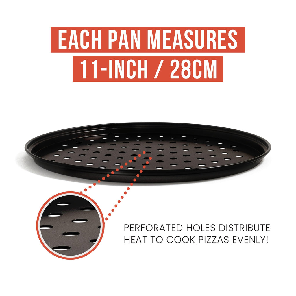 Chef Pomodoro Pizza Baking Set with 3 Pizza Pans and Pizza Rack, (11-Inch Pans), Non-stick Perforated Pizza Trays for Oven, Grill, Pizza Pan with Holes, Pizza Pan for Oven, Barbeque, Bakeware Supplies
