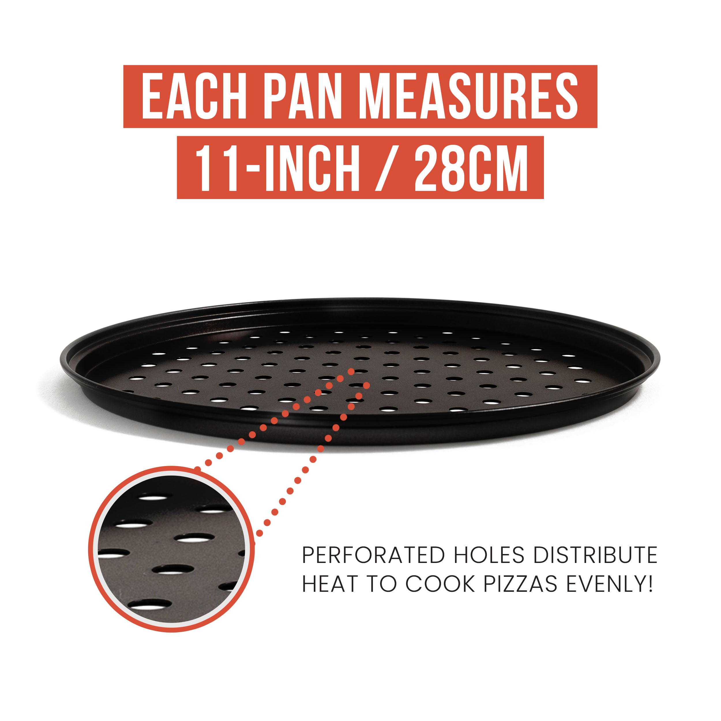 Chef Pomodoro Pizza Baking Set with 3 Pizza Pans and Pizza Rack, (11-Inch Pans), Non-stick Perforated Pizza Trays for Oven, Grill, Pizza Pan with Holes, Pizza Pan for Oven, Barbeque, Bakeware Supplies