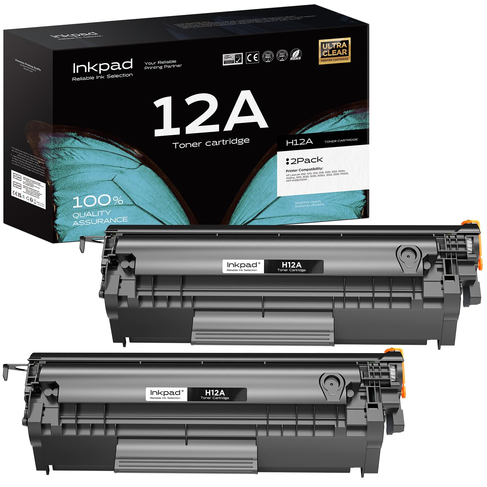 12A Toner Cartridge Replacement for HP 12A Q2612A, Compatible with HP LaserJet 1010 1012 1015 1018 1020 1022 3050 3052 3055 Printers (Black, 2-Pack, High Yield)