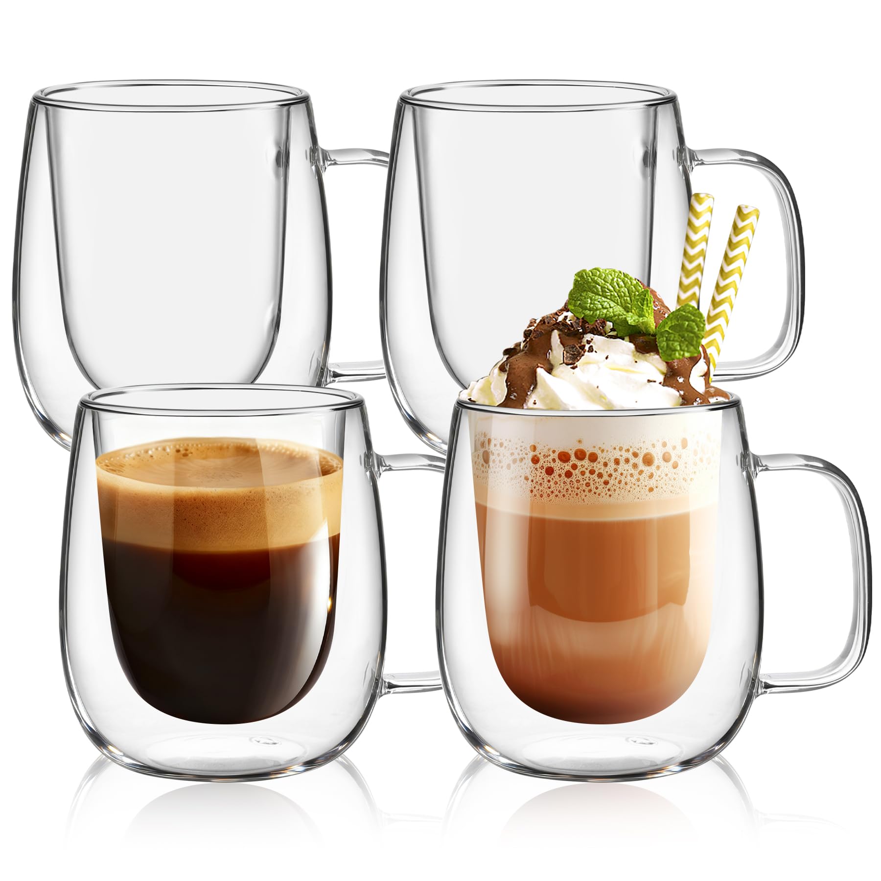 Yopinmall 12OZ Glass Coffee Mug Set of 4 - Double Walled Mugs with Large Handle Iced/Hot Insulated Glasses Cup for Espresso Latte Cappuccino Americano Tea Dishwas Dishwasher Safe