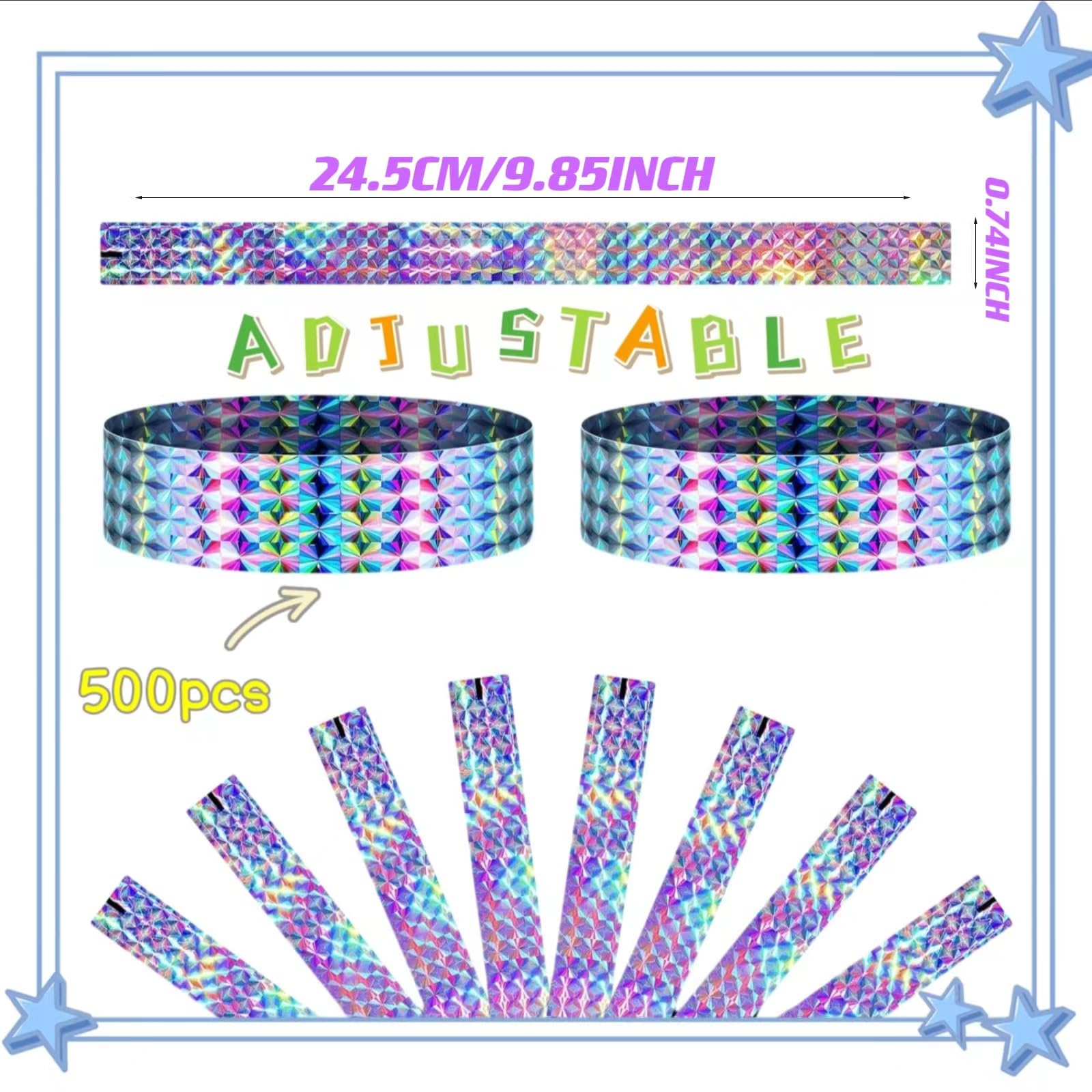 Acidea 500pcs Holographic Wristbands for Events, Waterproof and Sturdy Plastic Wristbands, Adjust Party Paper Wist Bands for Event Amusement Parks Bars Music Festivals Neon Wrist Bands