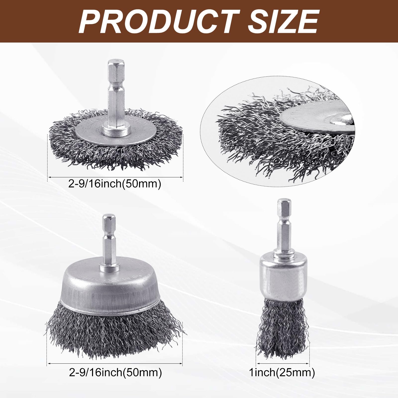 AOKLIT 9 Pack Carbon Steel Drill Wire Brush, 1/4-Inch Hex Shank, Cup/ Wheel/ Pen Brush Set for Rust Removal, Corrosion and Scrub Surfaces