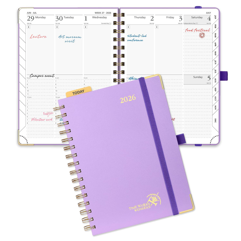 POPRUN 2026 Agenda [Medium-8.5" x 6.25" Wire-Bound Hard Cover] - Daily Weekly and Monthly Planner 2026 with Hourly Schedule, Vertical Weekly Layout, Monthly Tabs - Violet