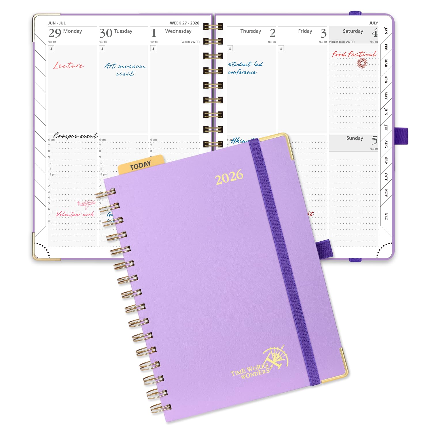 POPRUN 2026 Agenda [Medium-8.5" x 6.25" Wire-Bound Hard Cover] - Daily Weekly and Monthly Planner 2026 with Hourly Schedule, Vertical Weekly Layout, Monthly Tabs - Violet