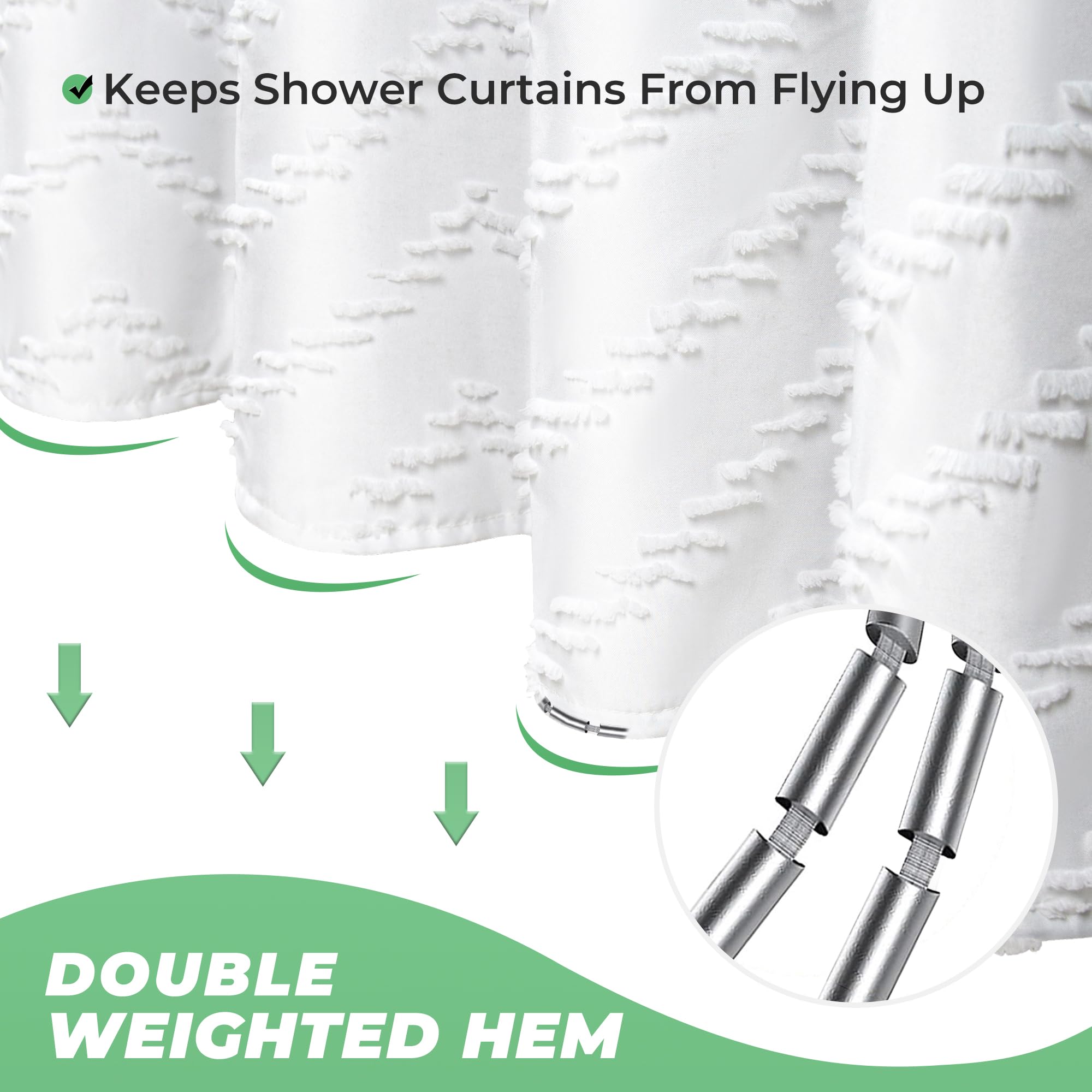 Extra Long Shower Curtains 72 x 84 Inches White Tufted Chevron Striped Fabric Shower Curtains for Bathroom Modern Shabby Chic Waterproof Cloth Shower Curtain Set with Hooks, White