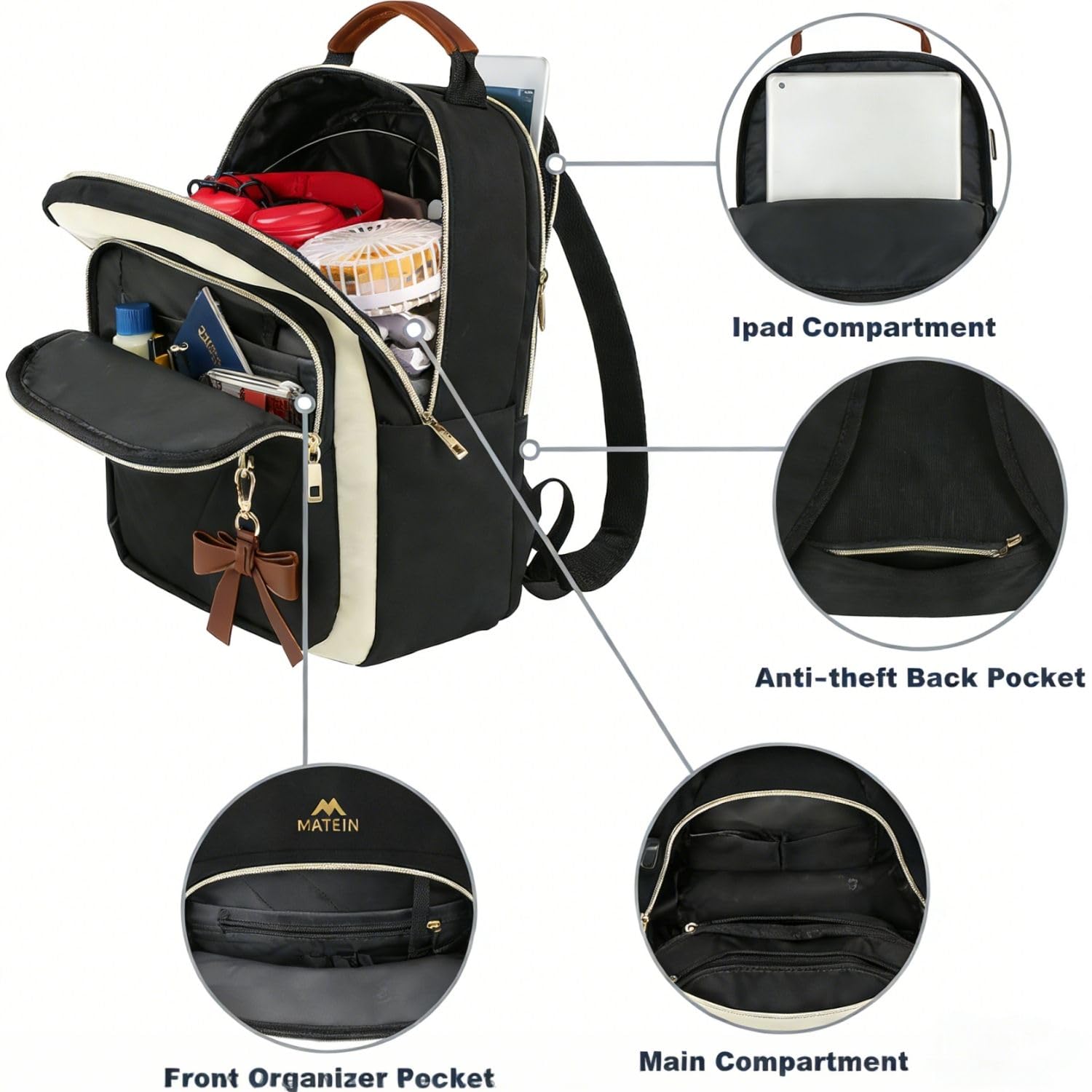 MATEIN Mini Backpack Purse for Women, Fashion Small Purse Backpack with USB Charging Port, Waterproof Casual Daily Cute Shoulder Bag Ladies Handbags for Travel Work College, 2pcs Sets, Black-Beige