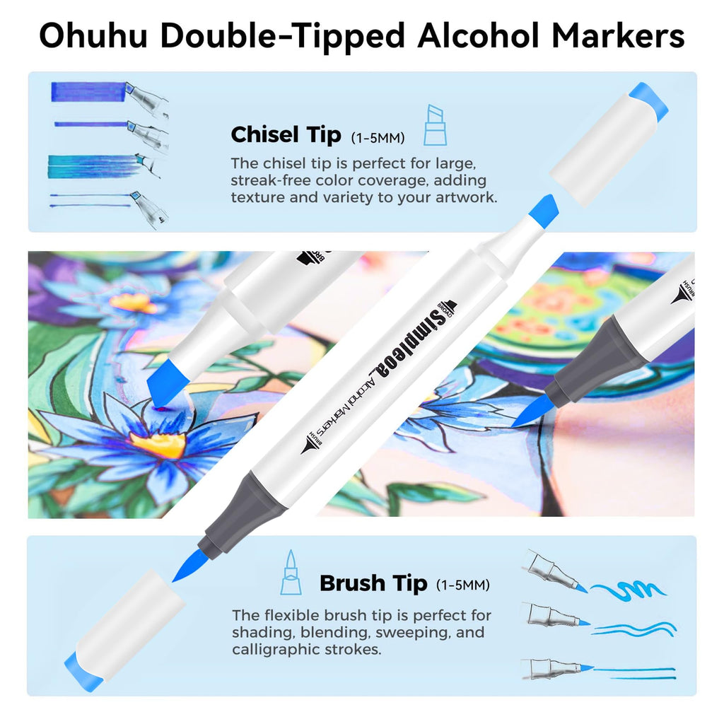120-Color Brush & Chisel Alcohol Markers, Adults Coloring Illustration, Alcohol-based Art Marker