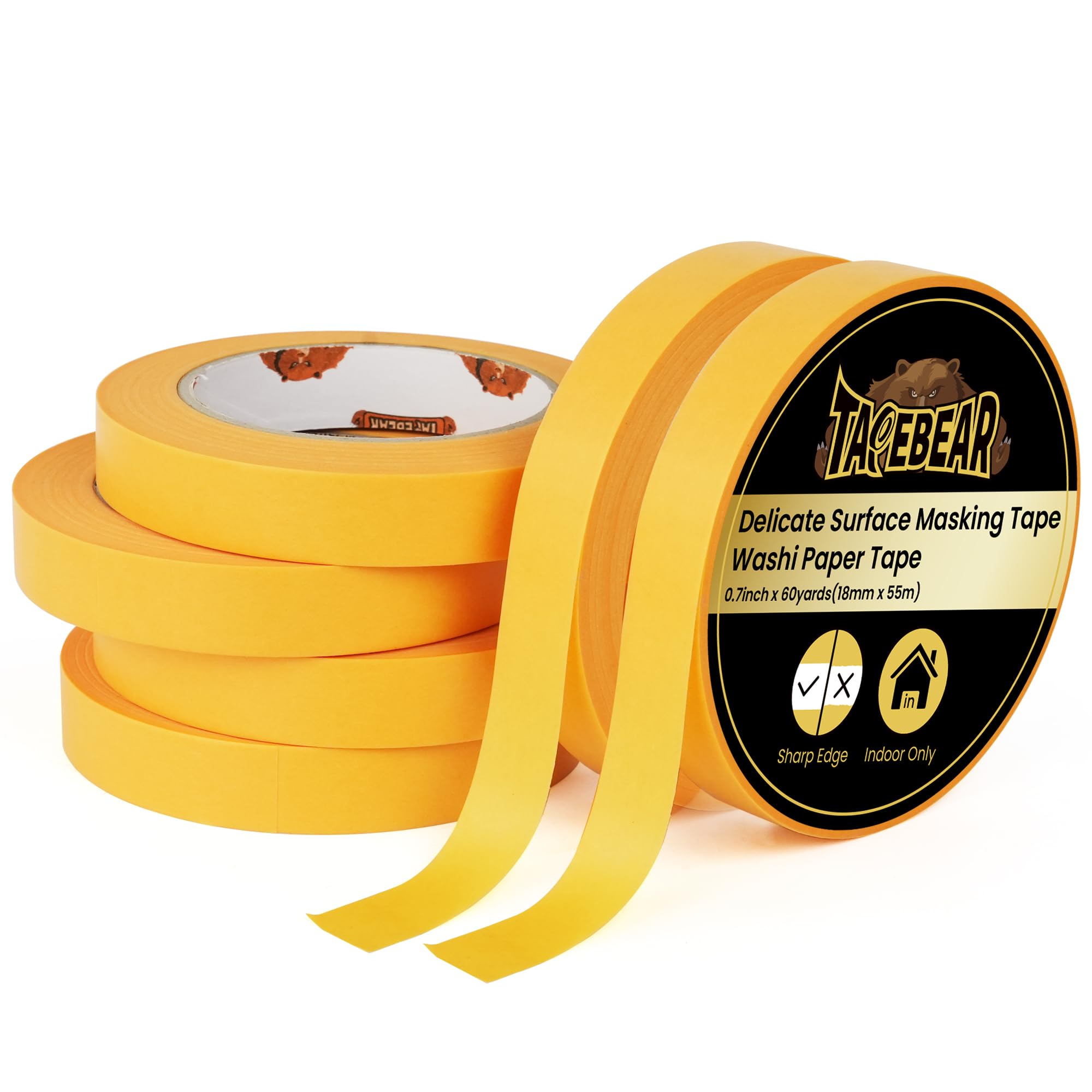 TAPEBEAR Delicate Surface Advanced Masking Tape 0.7" x 55m, Orange Washi Tape Indoor Painters Tape Decorating with No Paint Bleed, Sharp Lines, Surface Damage-Free, Low Tack, 6Rolls