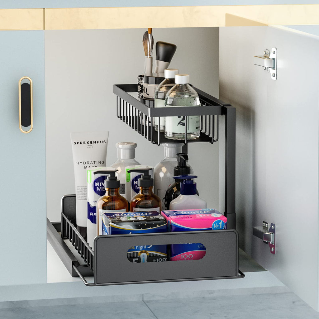 Under Sink Organizer and Storage, 2 Tier Rustproof Under Cabinet Storage, Sliding Kitchen Sink Organizer for Kitchen Bathroom