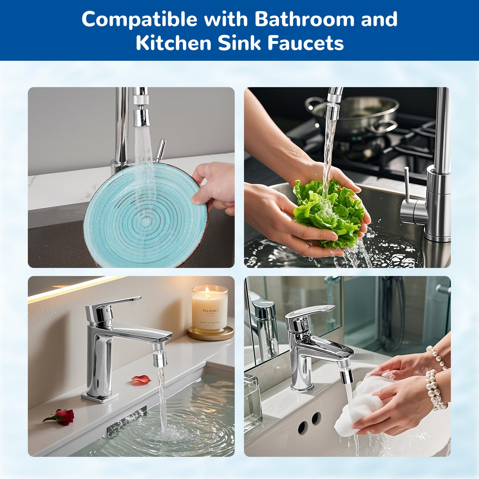 Hibbent 360° Swivel Kitchen Faucet Aerator - Solid Brass Dual Spray Mode, Bubble/Strong Spray with 1.8 GPM Flow Rate, Universal Fit for Standard 15/16" Female Thread & 55/64" Male Thread, Chrome