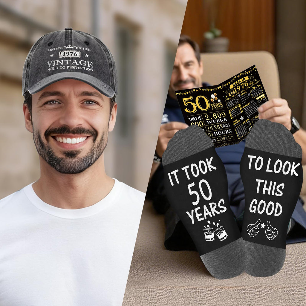 50th Birthday Gifts for Him, Happy 50th Birthday Decorations for Men, 50 Year Old Gifts for Man Who Have Everything, 1976 50th Birthday Gift Baskets for Men Whiskey Glass Baseball Cap Socks Stones
