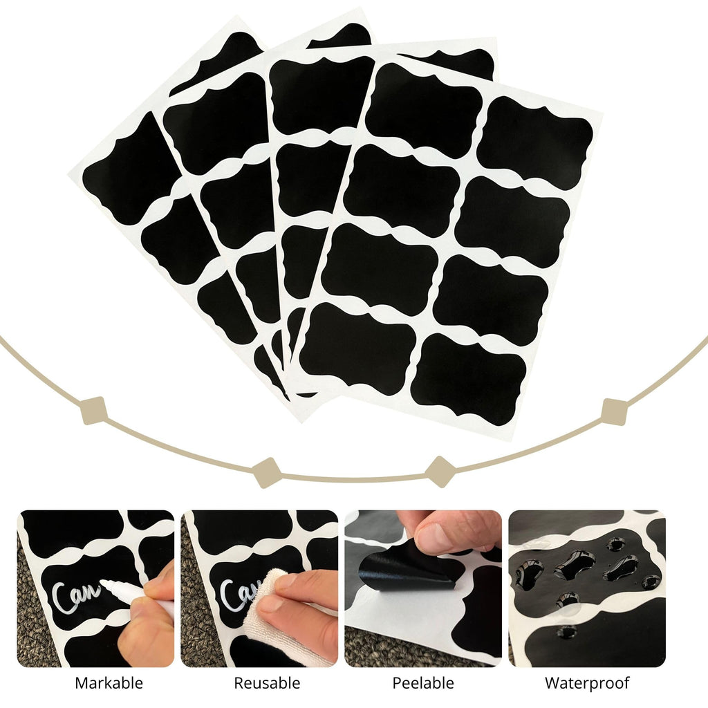 DECOMOMO Labels for Storage Bins – 20 Clip on Chalkboard Labels & 32 Removable Sticker Labels with White Chalk Marker