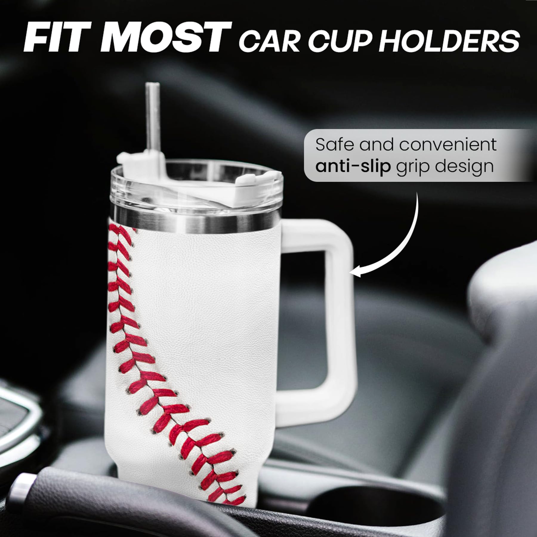 Baseball Tumbler with Handle 40oz, Insulated Stainless Steel Cup with Lid & Straw, Gifts for Men, Boys, Players, Coaches, Sports Lovers, Christmas, Birthday