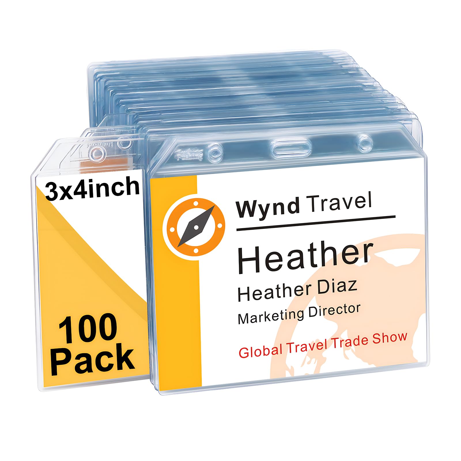 Fushing 3x4 Clear PVC Name Badge Holders - No Zipper Horizontal Tag Holders for 3 x 4 Inch Badge Inserts (100)
