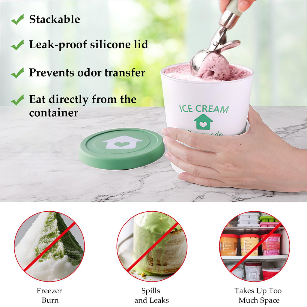 cyrico Ice Cream Containers with Silicone Lids for Homemade Ice Cream, 4 Pack 1 Quart Each Reusable Sorbet Frozen Yogurt Storage Containers Set BPA Free Stackable Leakproof Dishwasher Freezer Safe