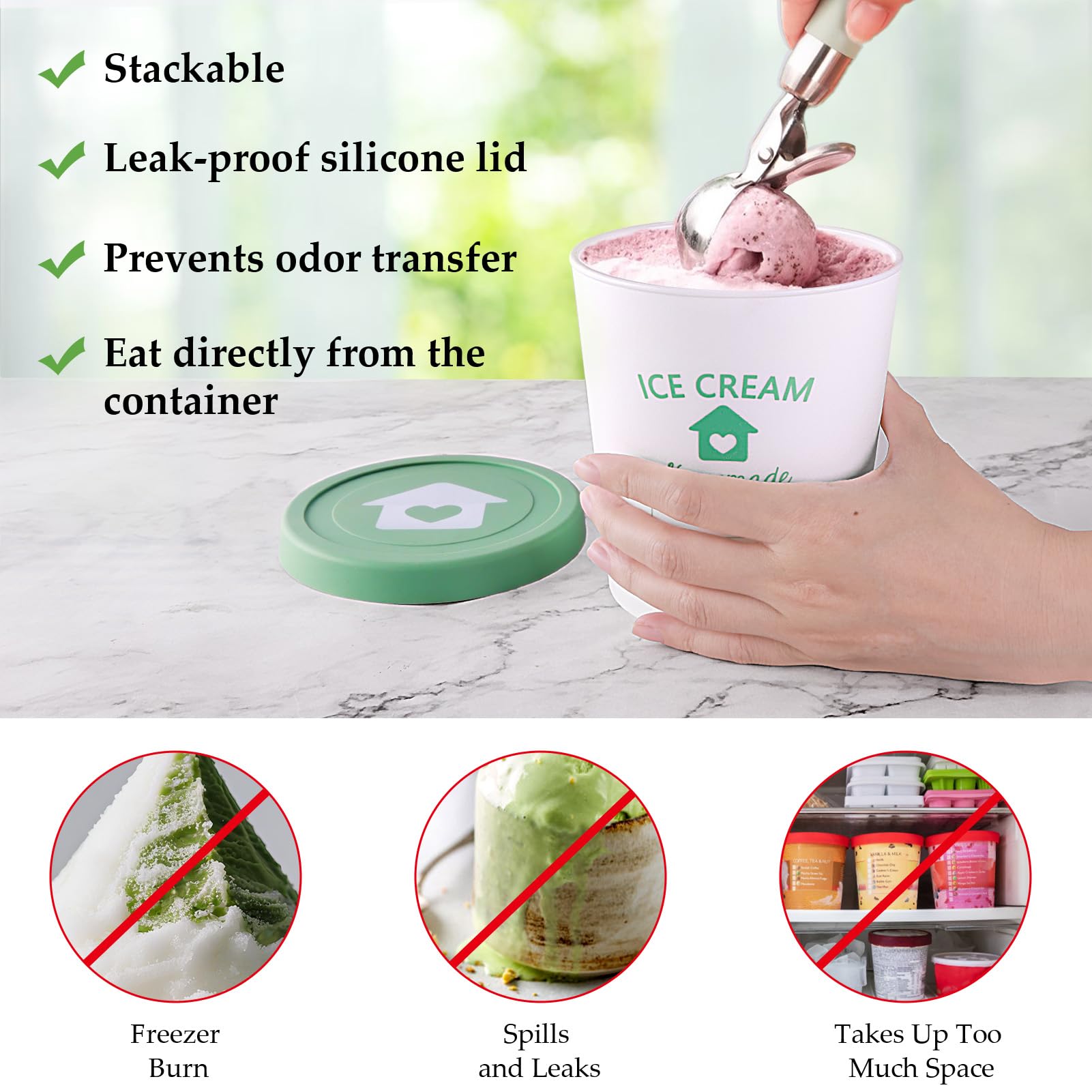 cyrico Ice Cream Containers with Silicone Lids for Homemade Ice Cream, 4 Pack 1 Quart Each Reusable Sorbet Frozen Yogurt Storage Containers Set BPA Free Stackable Leakproof Dishwasher Freezer Safe
