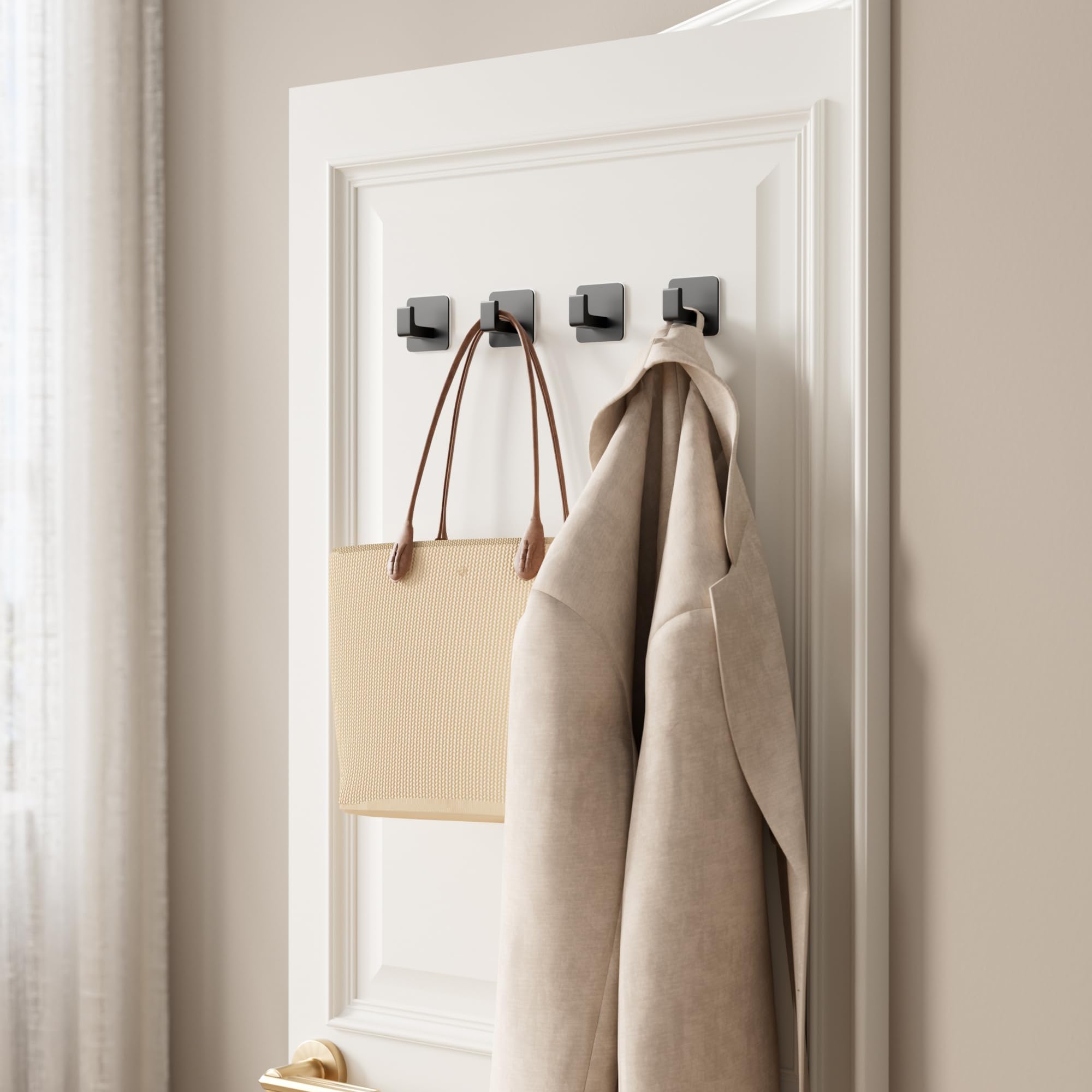 Square Self Adhesive Towel Hooks - 4 Pack Matte Black Stylish Hooks for Hanging Towels, Robes, Hats, and Keys in Bathrooms, Closets, Cabinets, and Behind Doors