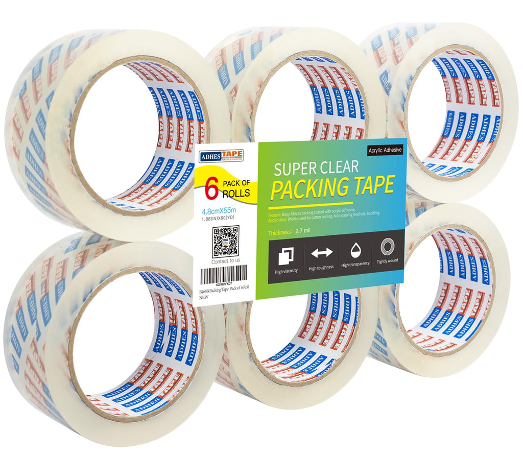ADHES Shipping Tape Packaging Tape Packing Tape for Moving Boxes Heavy Duty Clear, 55M Per Roll 1.88 Inch Width,2.7Mil(6Rolls)