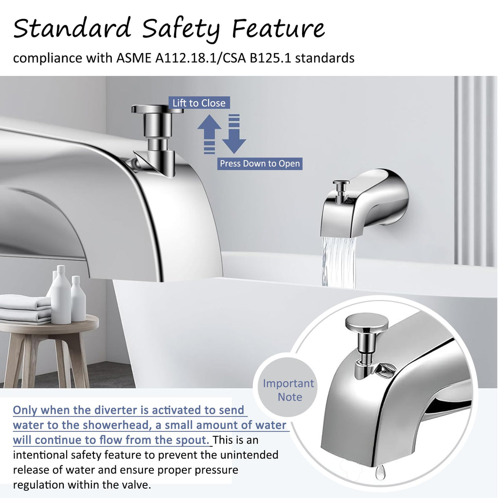 Tub Spout with Diverter, Slip on Bathtub Spout Replacement with Cover Ring Compatible with 1/2” Copper Pipe (5/8" Diameter), Universal Bath Tub Faucet Spout, Chrome