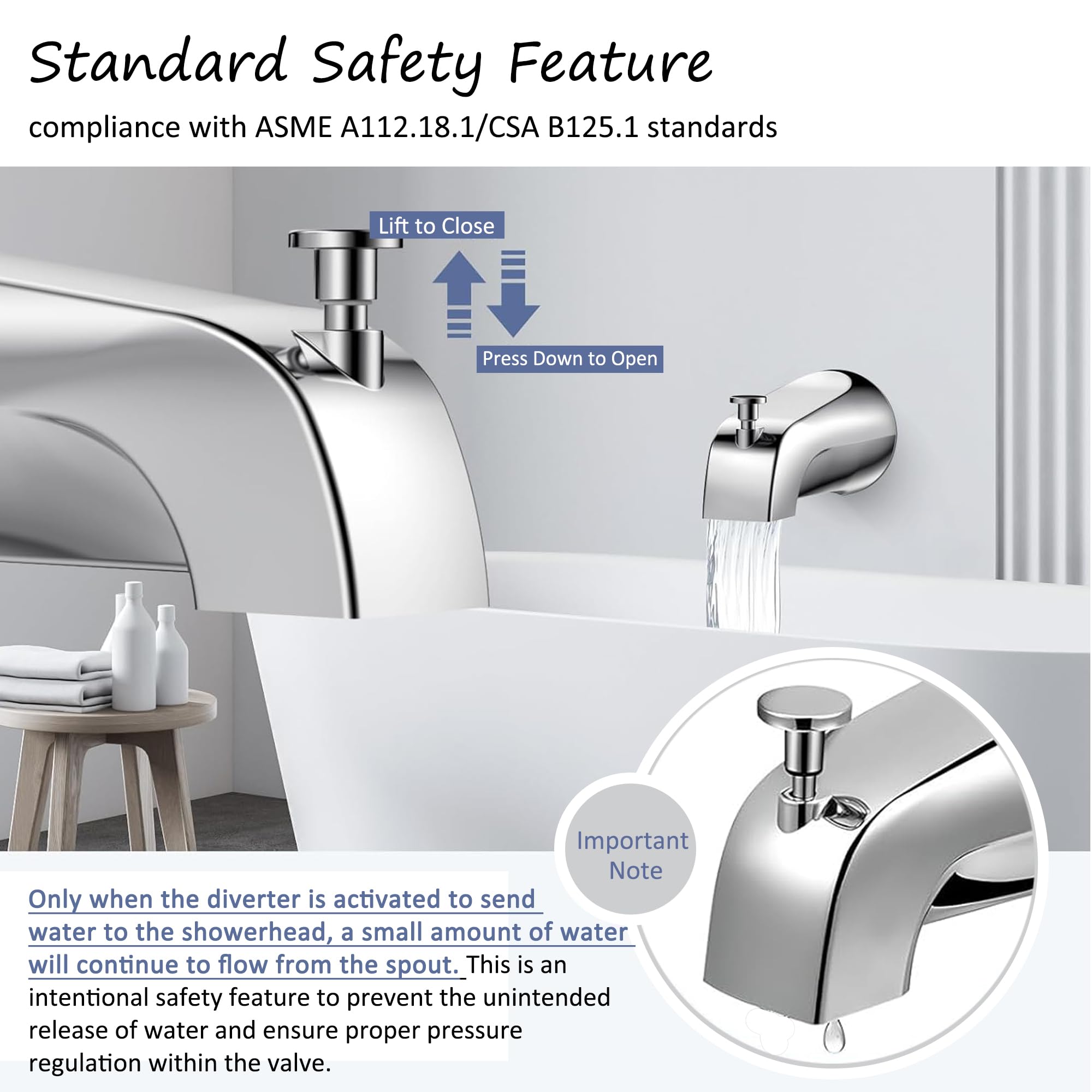 Tub Spout with Diverter, Slip on Bathtub Spout Replacement with Cover Ring Compatible with 1/2” Copper Pipe (5/8" Diameter), Universal Bath Tub Faucet Spout, Chrome