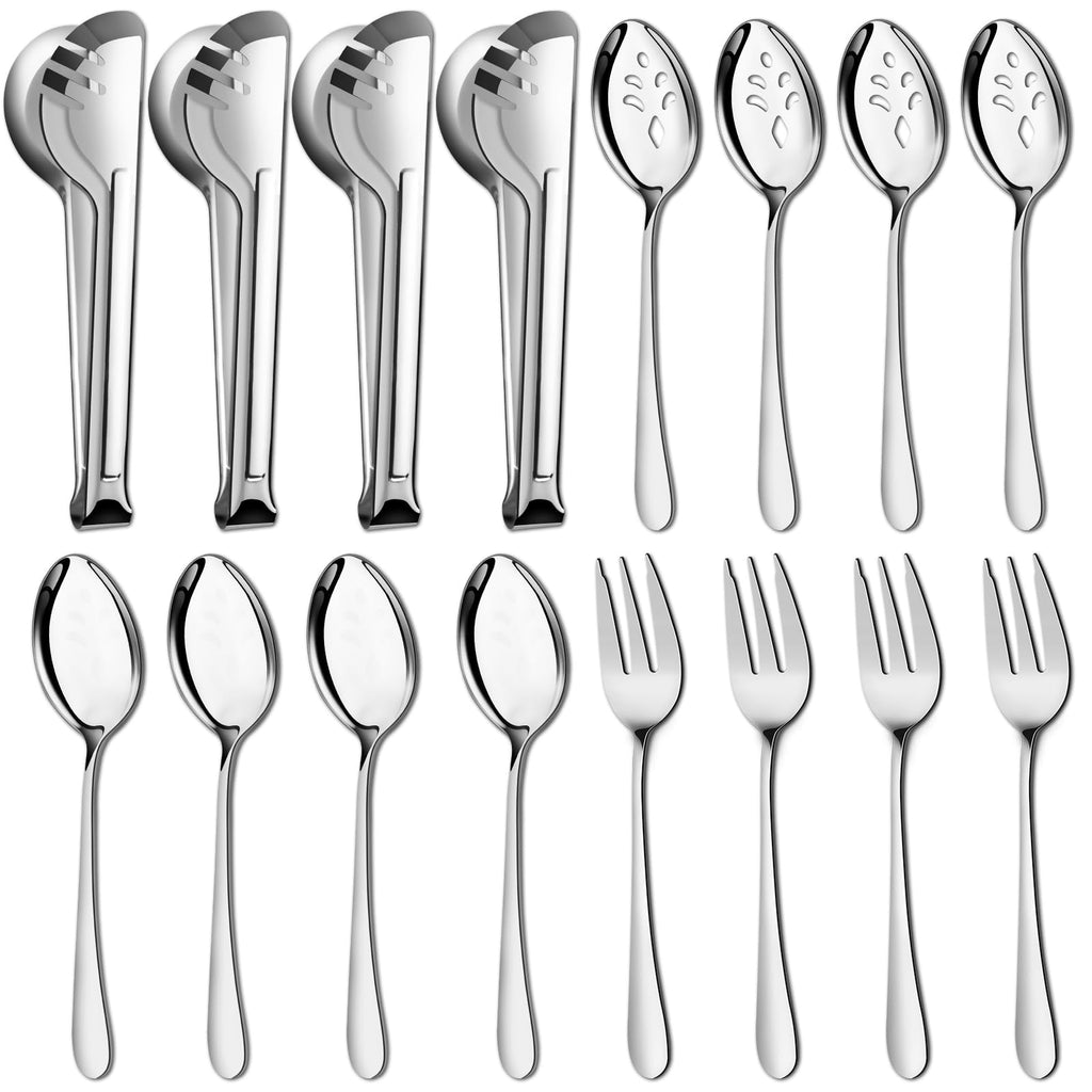Pleafind 16 PCS Stainless Steel Serving Utensils Set With Spoons, Slotted Spoons, Forks and Tongs for Parties, Buffet, Banquet