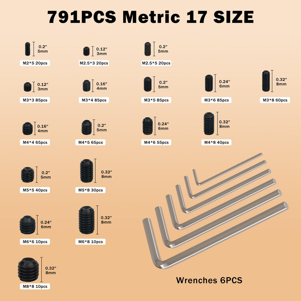 791PCS Set Screws, 17Sizes Metric Set Screw Assortment Kit, M2/2.5/3/4/5/6/8 12.9 Alloy Steel Black Grub Set Screws, Internal Hex Drive Cup-Point Screws for Bathroom Fixtures, Door Handles