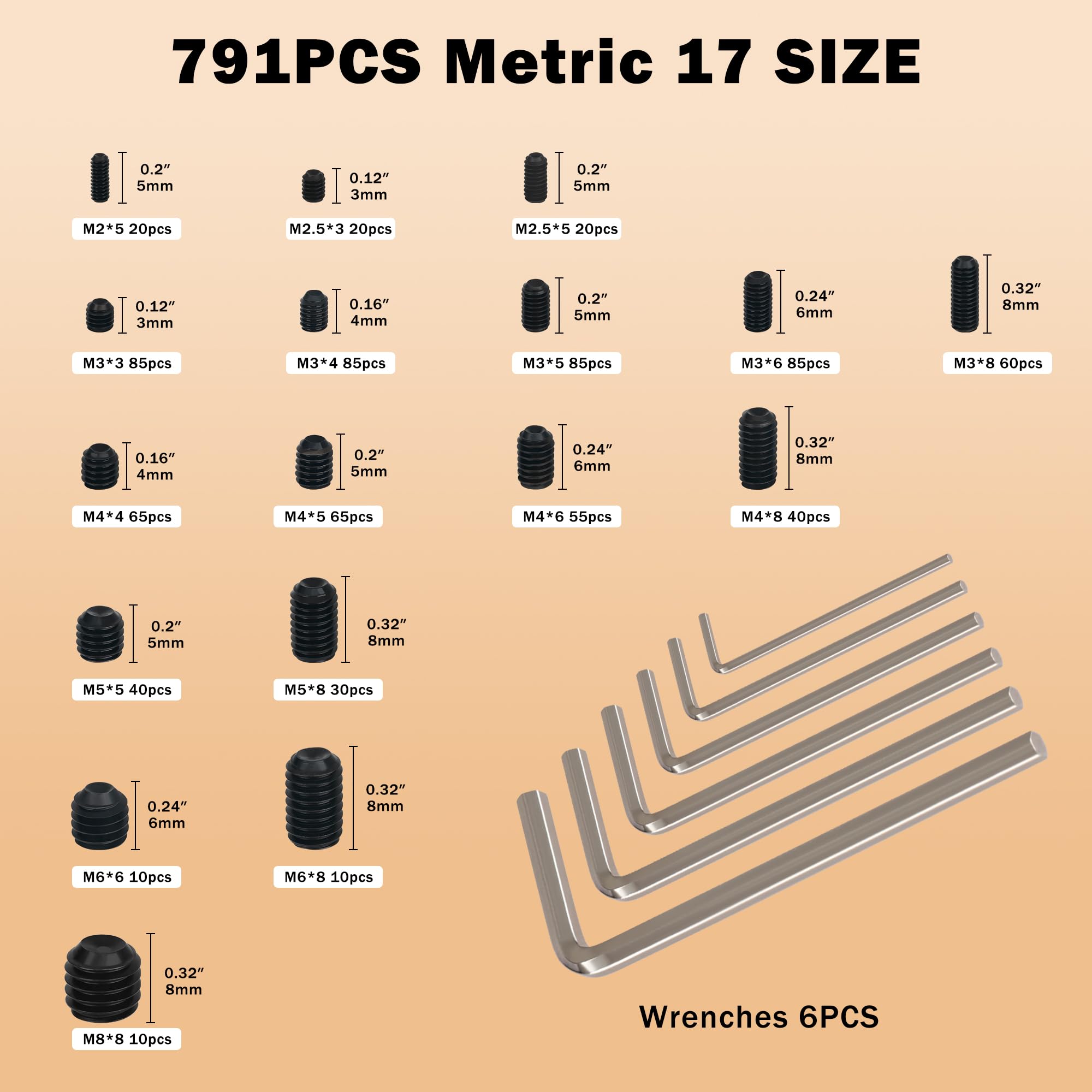 791PCS Set Screws, 17Sizes Metric Set Screw Assortment Kit, M2/2.5/3/4/5/6/8 12.9 Alloy Steel Black Grub Set Screws, Internal Hex Drive Cup-Point Screws for Bathroom Fixtures, Door Handles