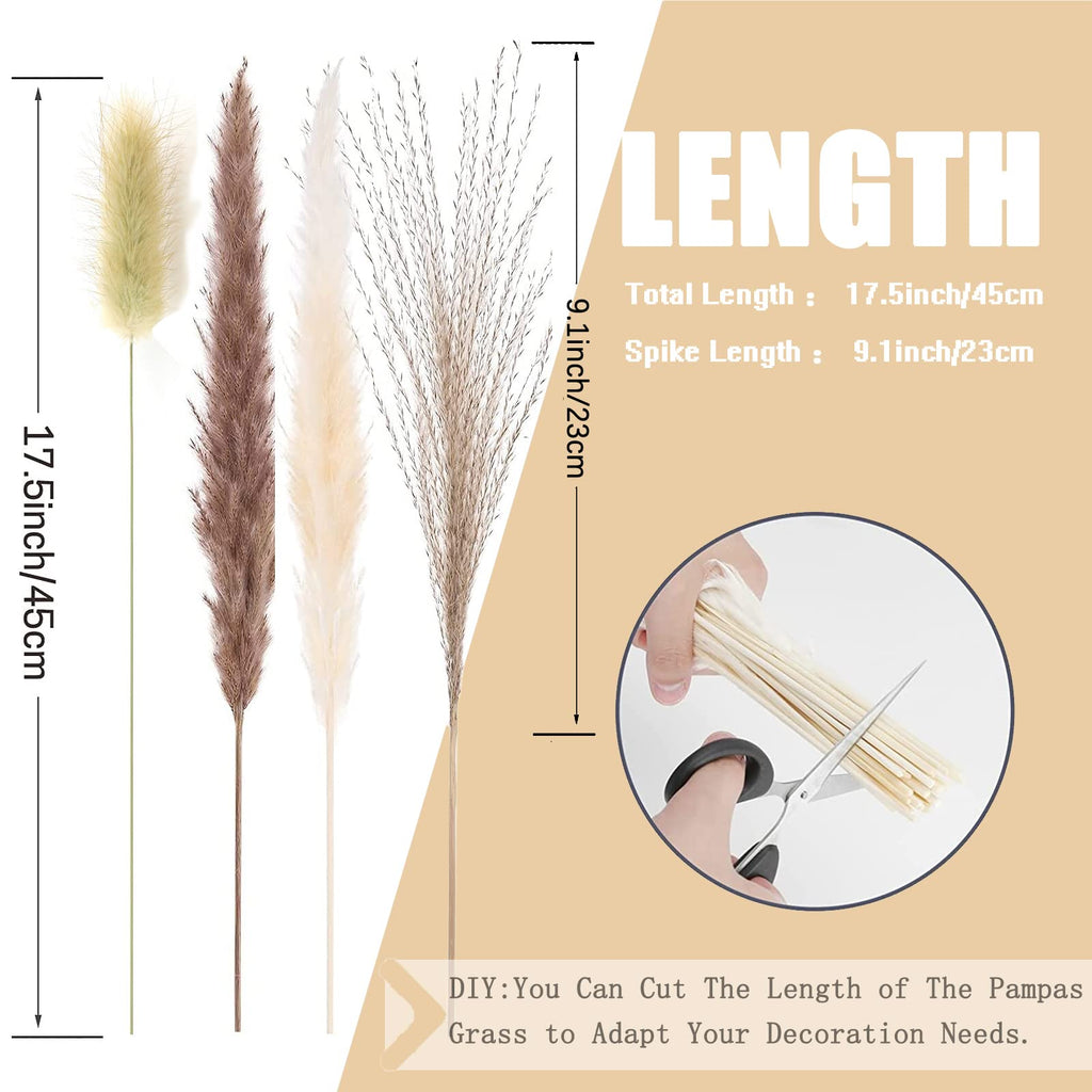 Pampas Grass Decor 110 pcs 17.5 inch Natural Dry Pampas - 15 Pcs White Pampas & 15 Pcs Brown Pampas & 50 Pcs Reed Grass & 30 Pcs Bunny Tail Grass,Fluffy Dried Flowers for Wedding Boho Decor Home Decor
