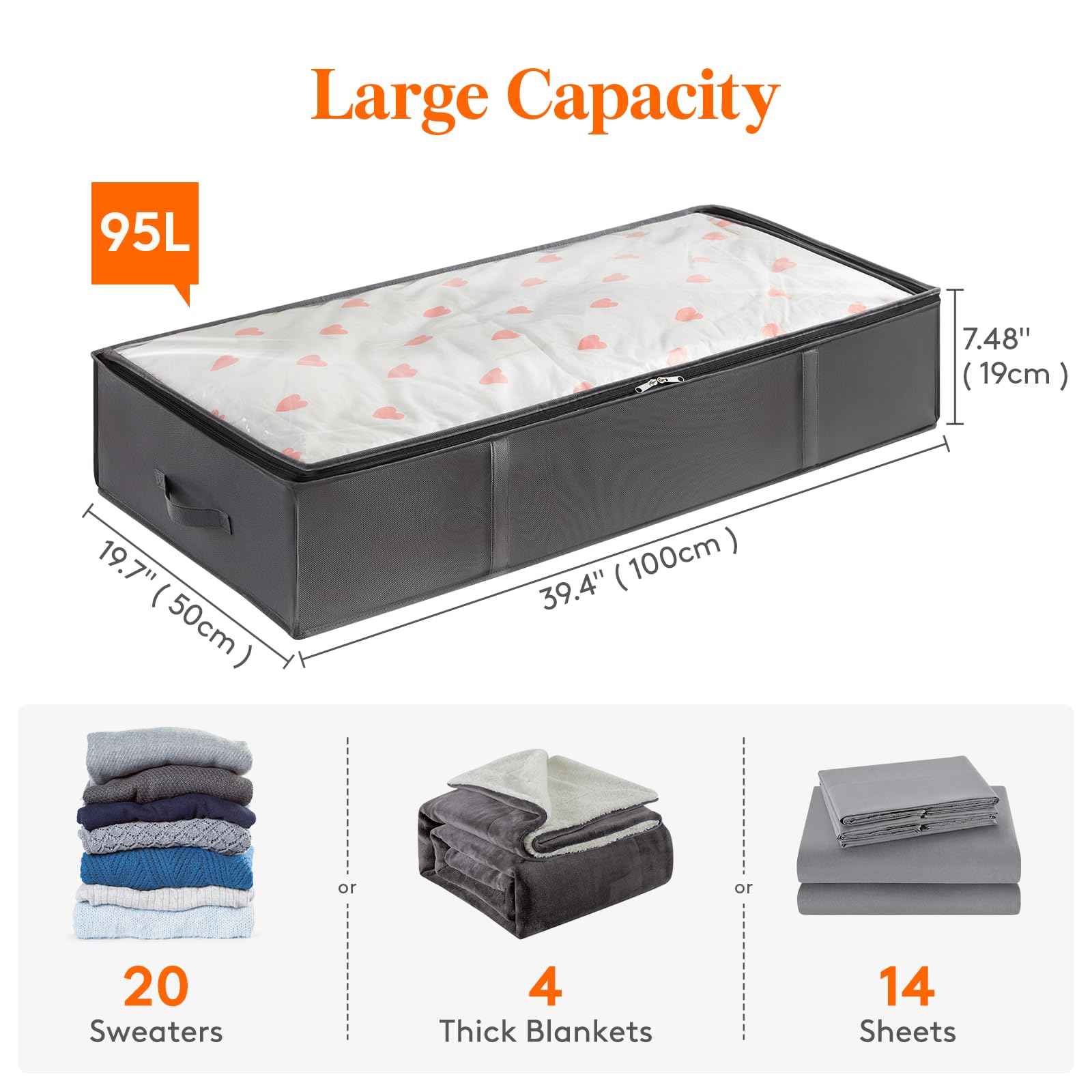 Lifewit 4 Pack 95L Under Bed Storage Bins, Foldable Closet Organizers and Storage Containers,Underbed Storage Bags with Reinforced Handle for Blanket,Clothing,Comforter, Sheets,Wrapping Paper, Grey