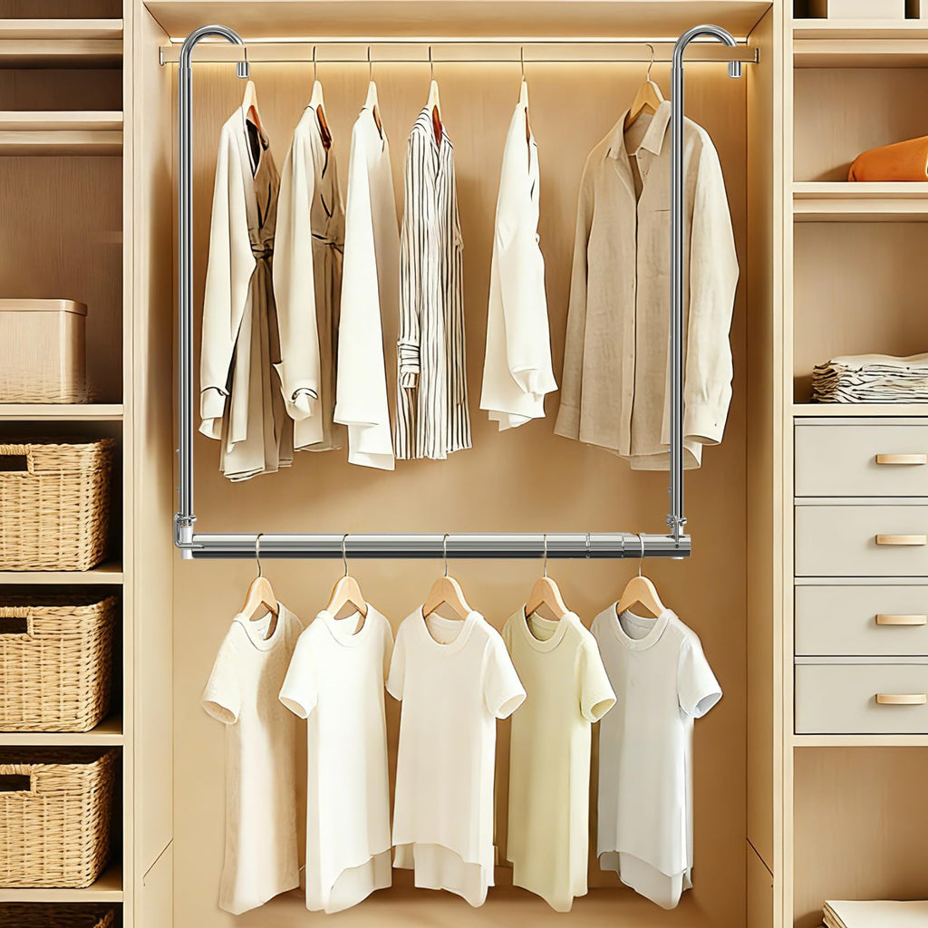 Hanging Closet Rod, Adjustable Height & Width Closet Rods for Hang ing Clothes-Closet Extender Rod Space-Maximizing Design Suitable for Hanging and Drying Clothes, Silver