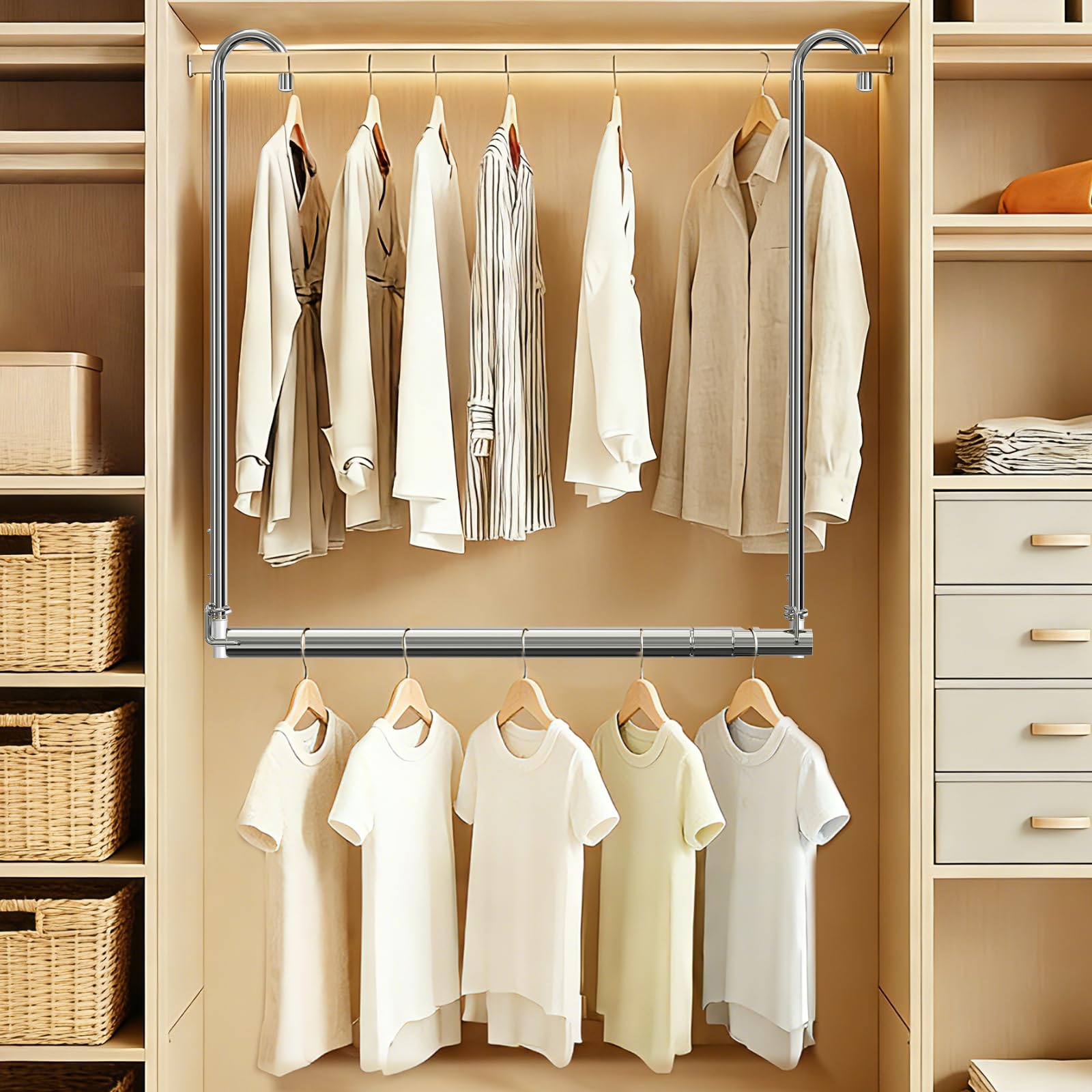 Hanging Closet Rod, Adjustable Height & Width Closet Rods for Hang ing Clothes-Closet Extender Rod Space-Maximizing Design Suitable for Hanging and Drying Clothes, Silver