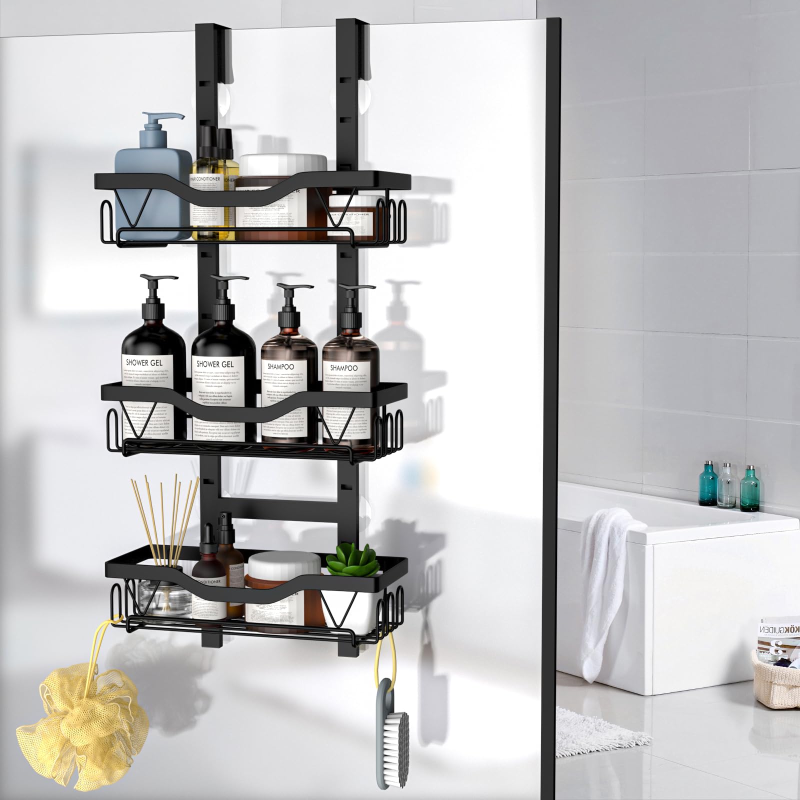 LOOBOV Shower Caddy Hanging, Over Glass Door Shower Shelf, 3-Tier Bathroom Organizer/Rack No Drilling (Black)