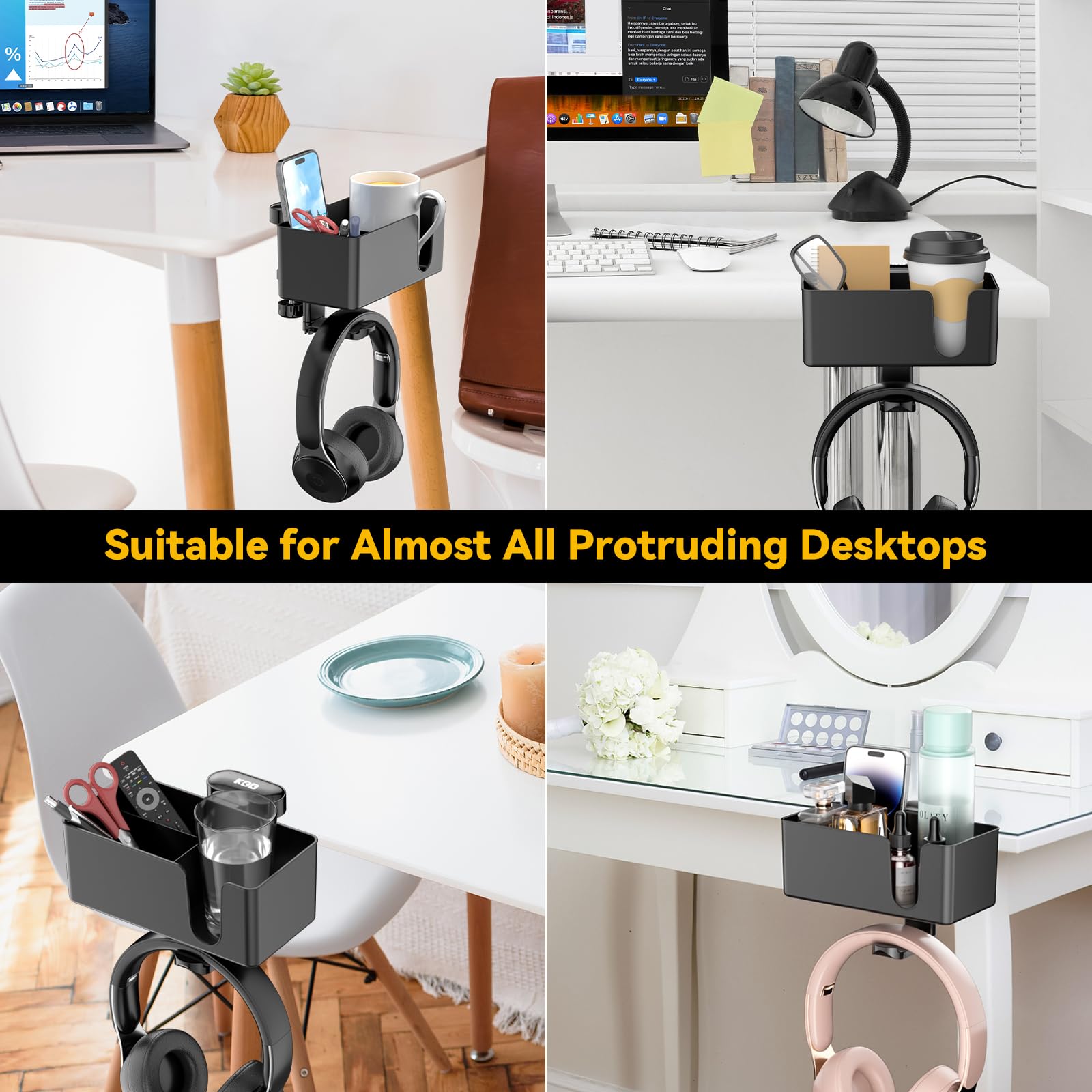 KDD 4 in 1 Desk Organizer - Under Desk Headphone Hook with 2 Wire Holes - Rotating Headphone Hanger and Detachable Storage for Cup, Phone and Pen(Black)