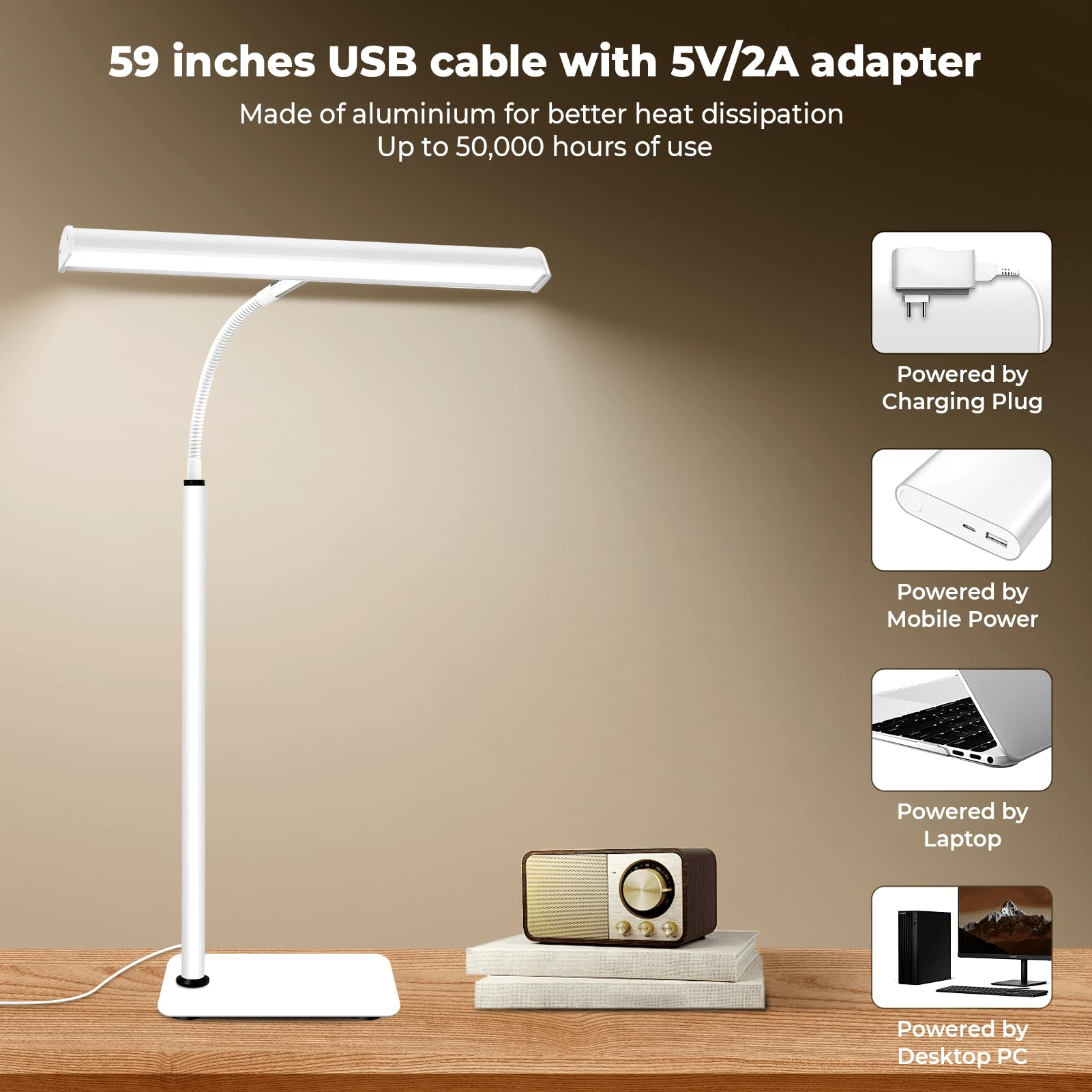 Desk Lamp for Home Office, Eye-Caring Architect LED Table Lamp, 3 Color Modes & 10 Brightness Level Desk Lamp, Adjustable Flexible Gooseneck, 21.5inch Tall Desk Light for Work Study Reading (White)