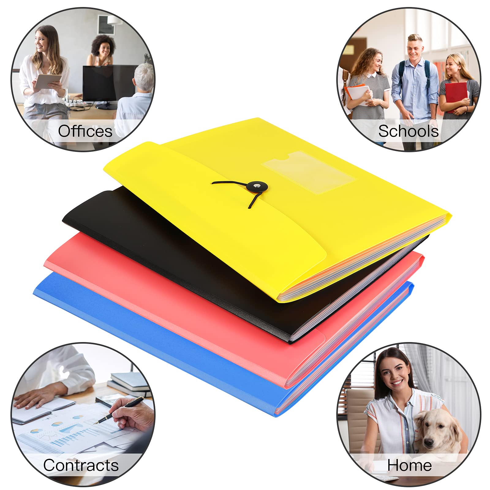 4 Pack 7-Pocket Expanding File, Plastic Expandable File Folder with Pockets, A4/Letter Size Accordion Organizer Folder, for School and Office Supplies - Black&Blue&Pink&Yellow