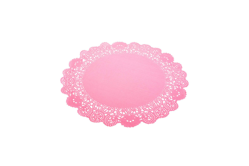 Restaurantware-Pastry Tek 12 x 12 Inch Lace Doilies, 100 Decorative Tableware Placemats - Disposable, Round, Pink Paper Table Doilies, For Birthdays, Or Weddings, Table Decor