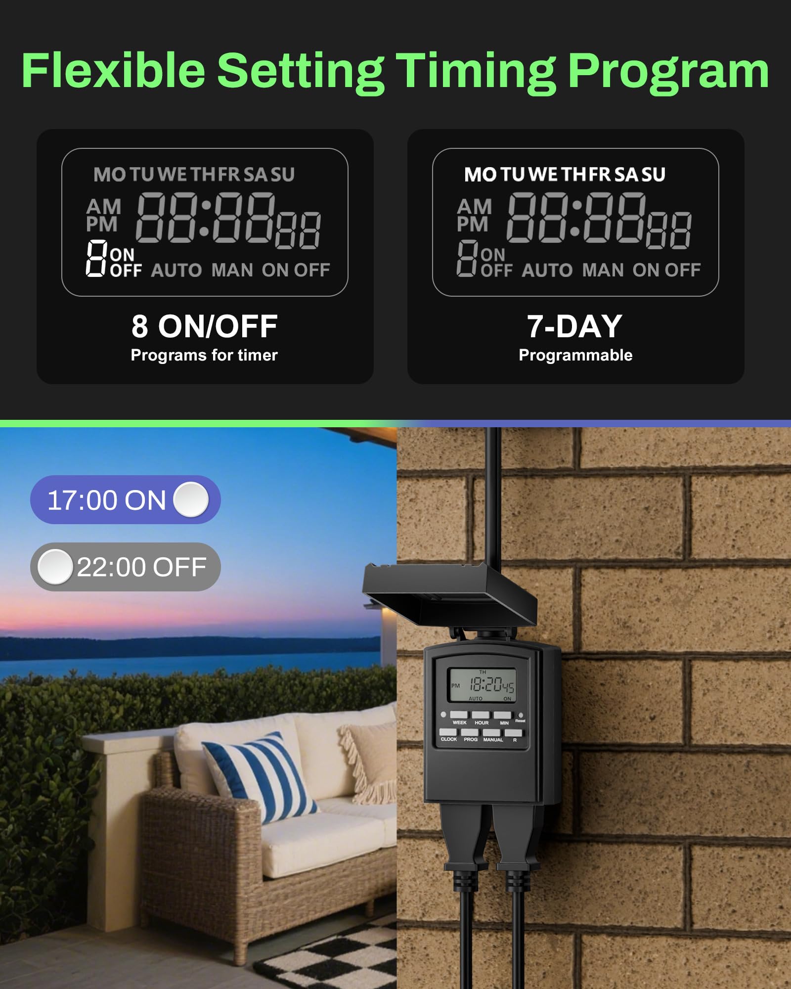 BN-LINK Outdoor Heavy Duty Timer Outlet, 2 Grounded Outlets for Christmas Lights, 15A 1/2HP, ETL Listed，Digital Timer 1 Pack