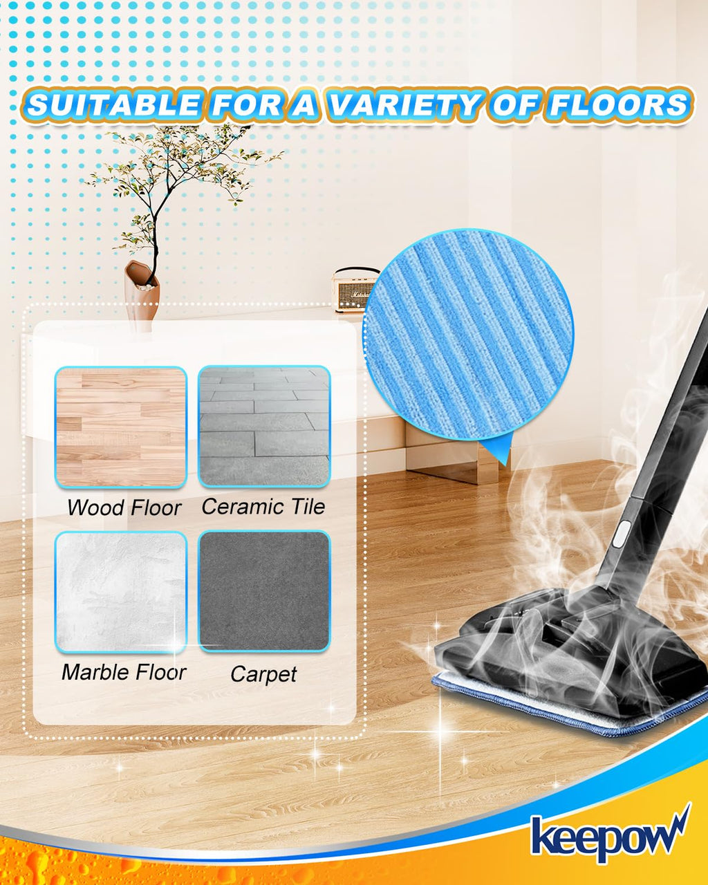 KEEPOW Steam Mop Pads for Dupray Neat, Washable and Reusable Compatible with ScrubWiz Steam Mop with Detachable Handheld Steam Cleaner, Replacement Accessories for LABIGO 10-in-1 Steam Mop, 6 Packs