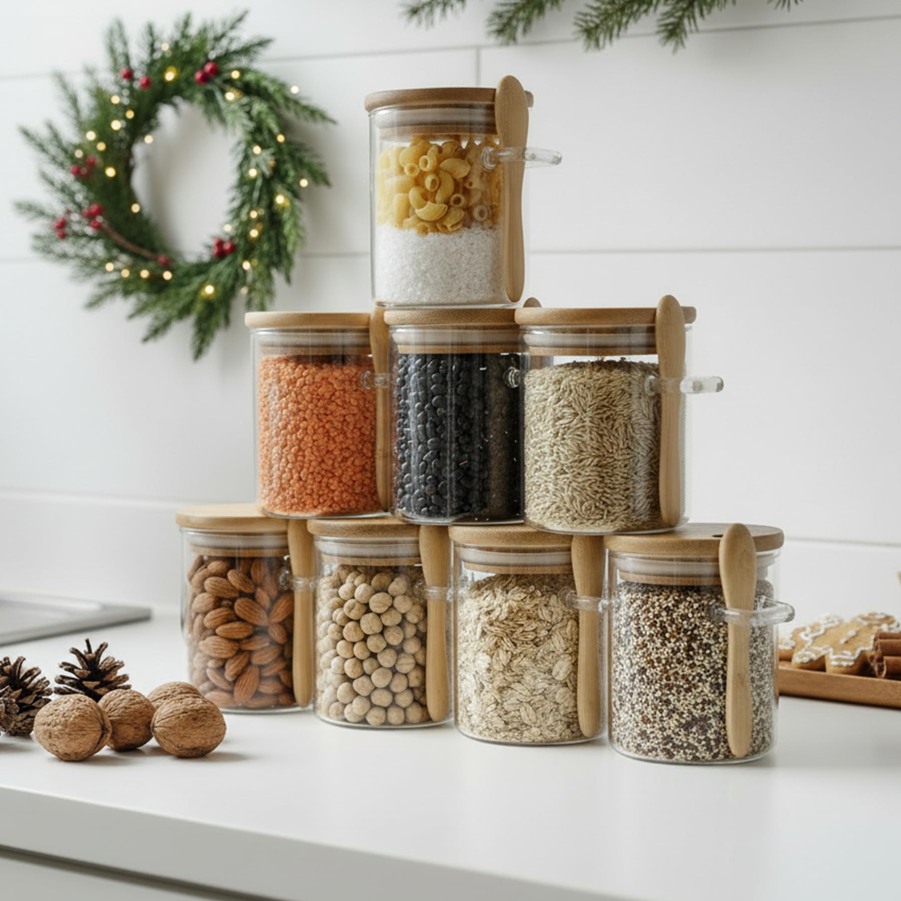 Livejun 7.6 oz Airtight Mini Glass Jars with Bamboo Lids and Bamboo Spoons, Spice Jars Small Food Storage Containers for Kitchen, Bathroom, Home Decor Set of 8