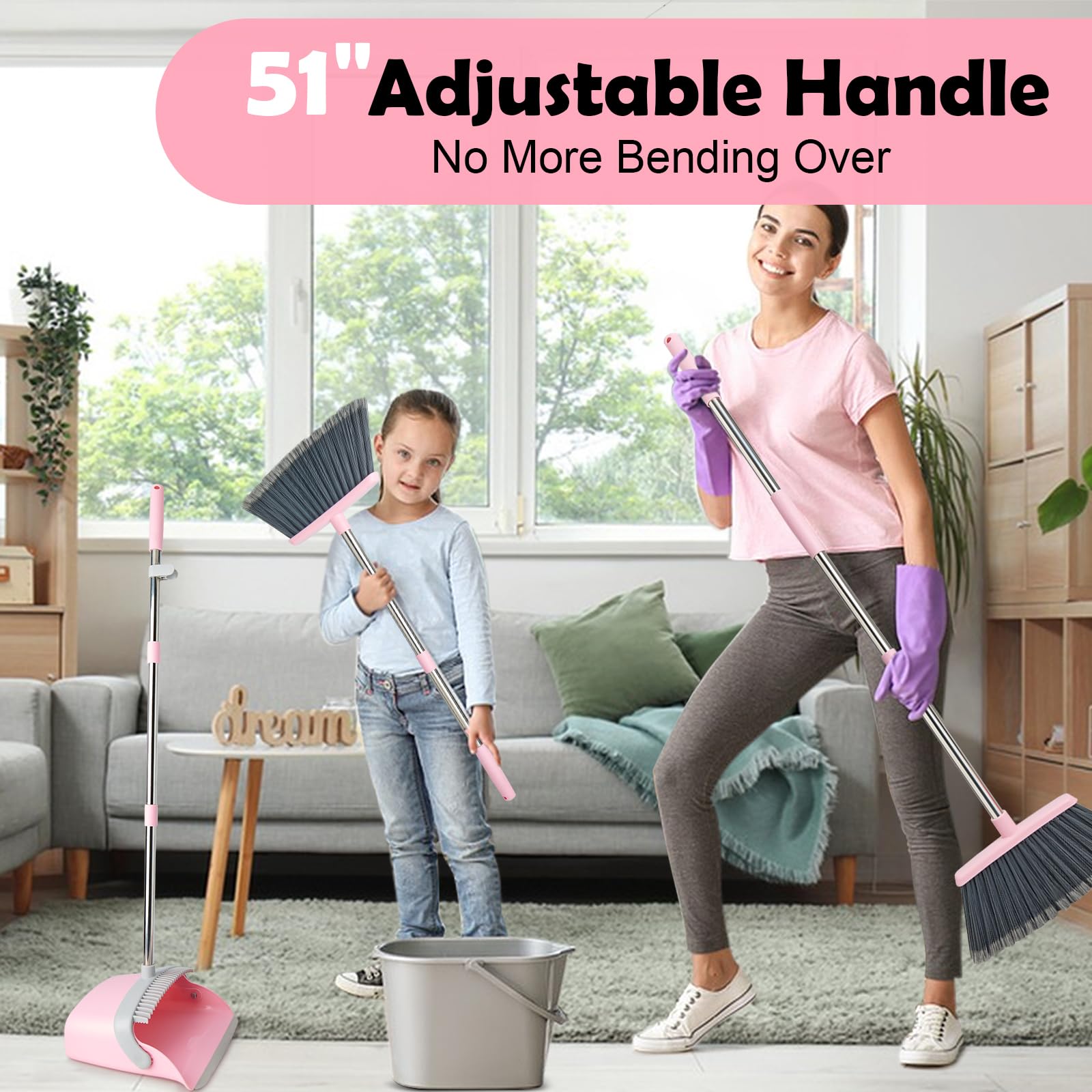 XXFLOWER Broom and Dustpan Set with Split Bristles,Upright Standing Dust Pan with Comb Teeth for Floor Cleaning,Broom with Dustpan Combo with Long Handle for Home Kitchen Lobby Office(Gray Pink)