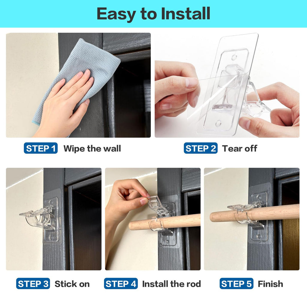 ANDGOO 8 Pack No Drill Curtain Rod Brackets, Holding Up to 17 lbs, PET Curtain Hangers, Nail-Free Adjustable Curtain Rod Holder for Bedroom, Bathroom, Living Room and Dorm