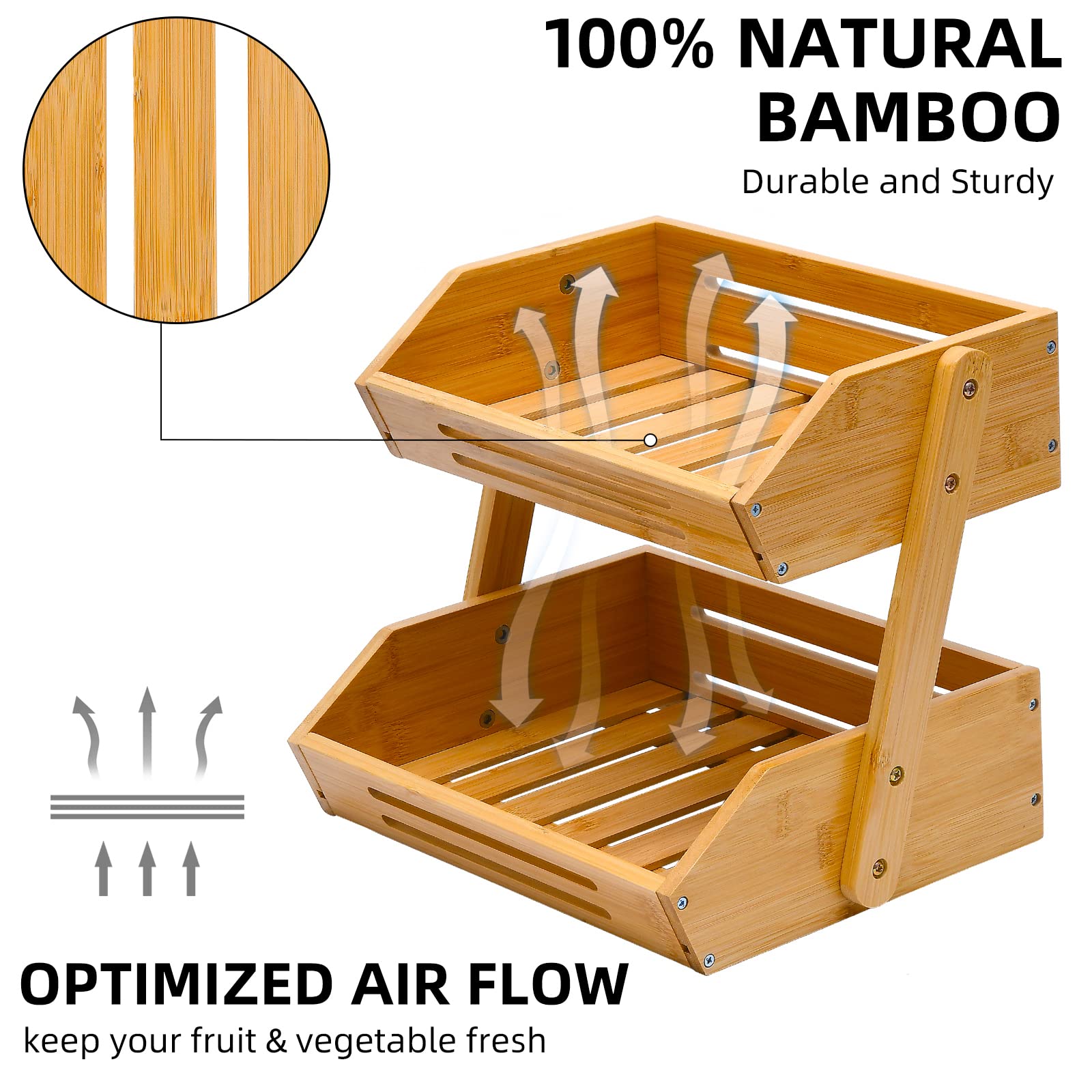 VIKEYHOME 2-Tier Bamboo Fruit Basket, 11" Tall, Multipurpose, Large Capacity, Natural, 15 mm Thickness (Self-Assembly)