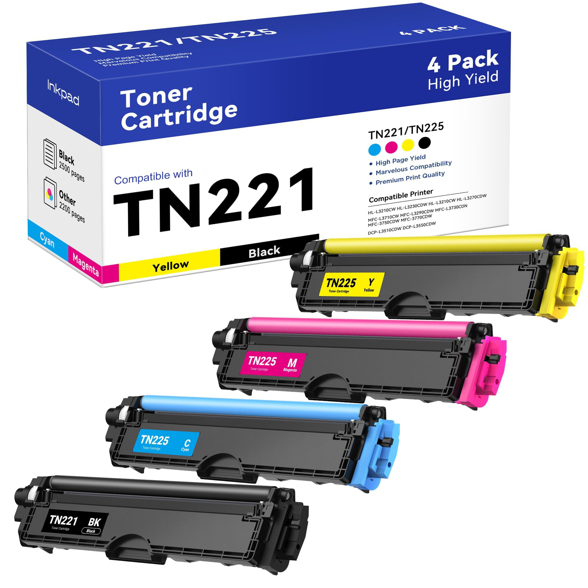 iNKPAD Compatible TN221 TN225 Toner Cartridge High Yield Replacement for Brother TN 221 TN 225 Compatible with HL-3170CDW MFC-9130CW HL-3180CDW HL-3140CW (1 Black, 1 Cyan, 1 Magenta, 1 Yellow, 4 Pack)