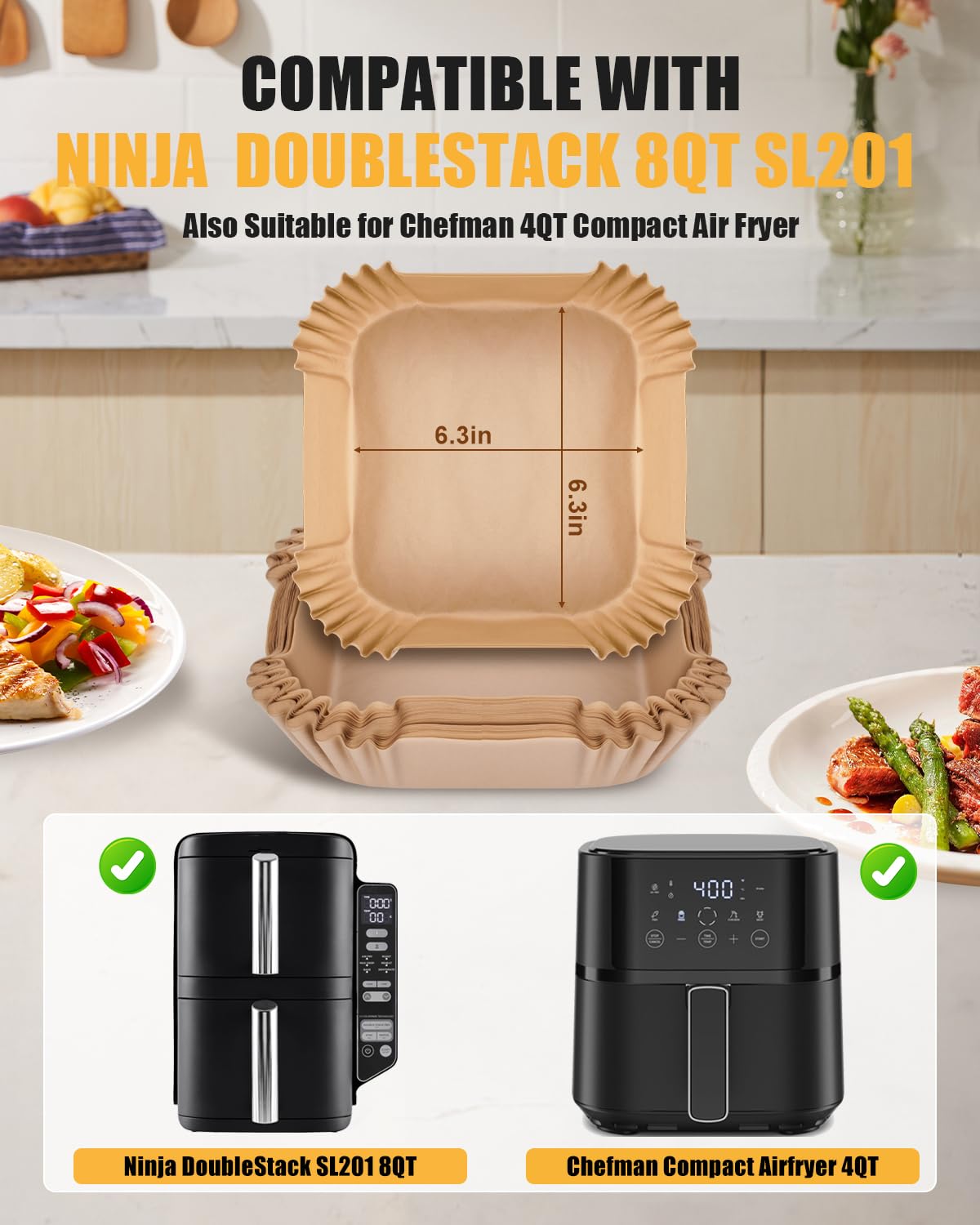130PCs Air Fryer Liners Disposable for Ninja DoubleStack 2-Basket Air Fryer SL201/SL201C 8QT, MMH 6.3 Inches Food-Grade Baking Parchment Paper Ninja Double Stack Inserts Accessories
